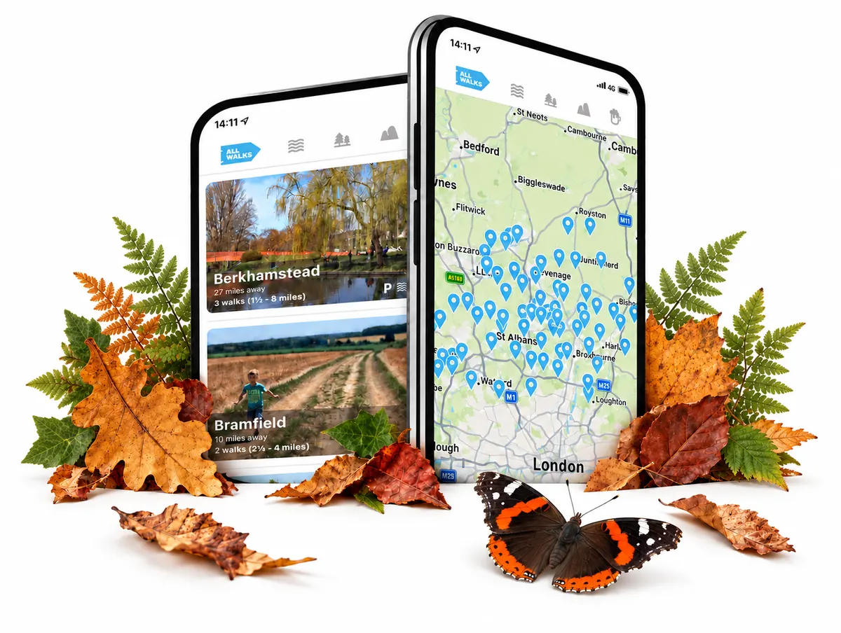 Local Walks app screens showing walking routes and GPS guidance
