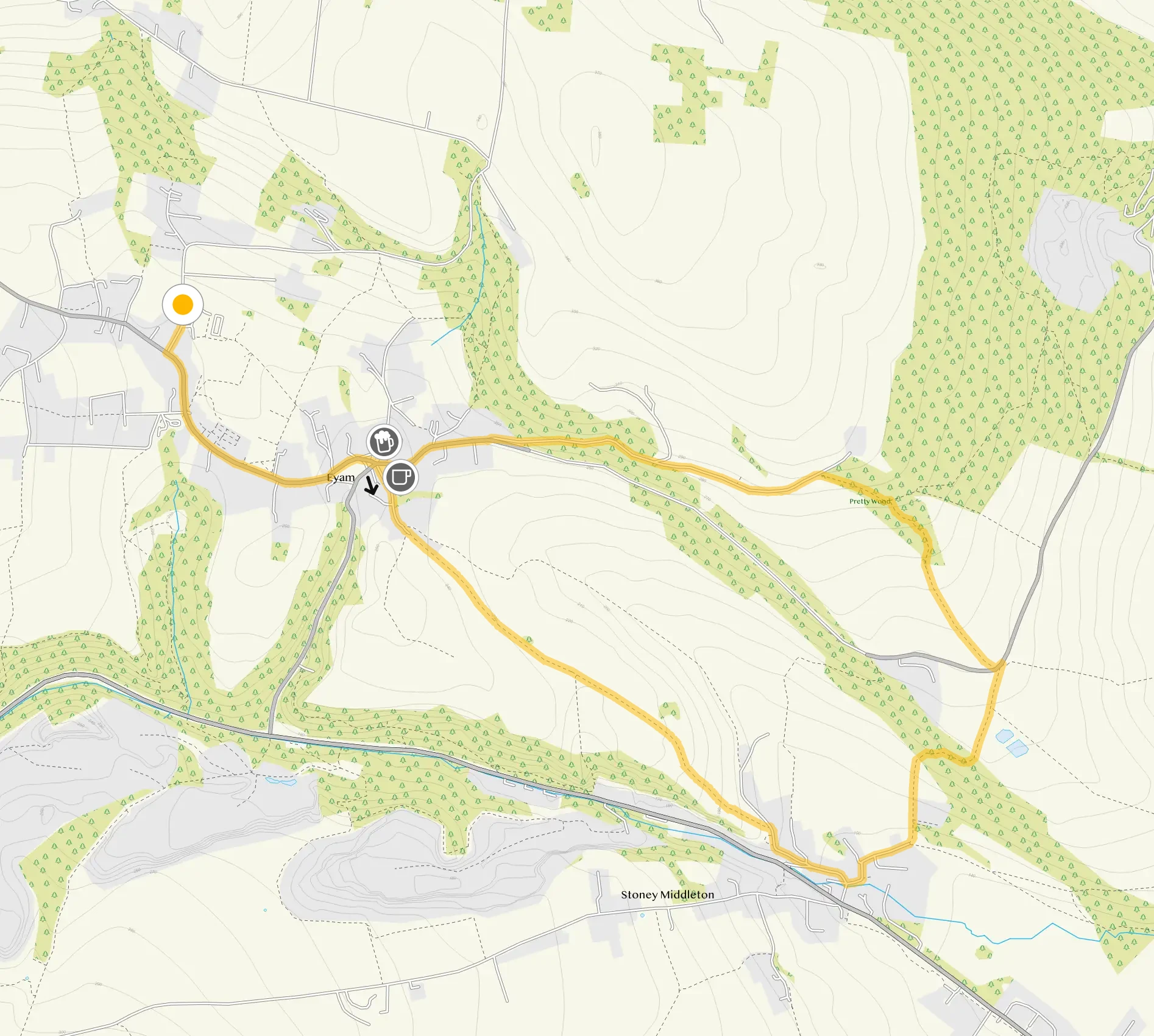 Route map for Eyam Walk 1, a 3.5 mile circular walk in Derbyshire