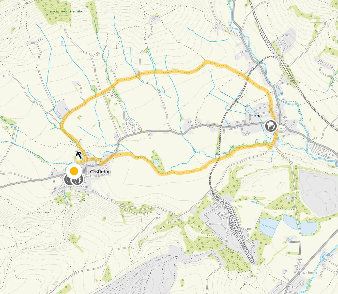 Route map for A calmer walk around Castleton, a 4.25 mile circular walk in Derbyshire