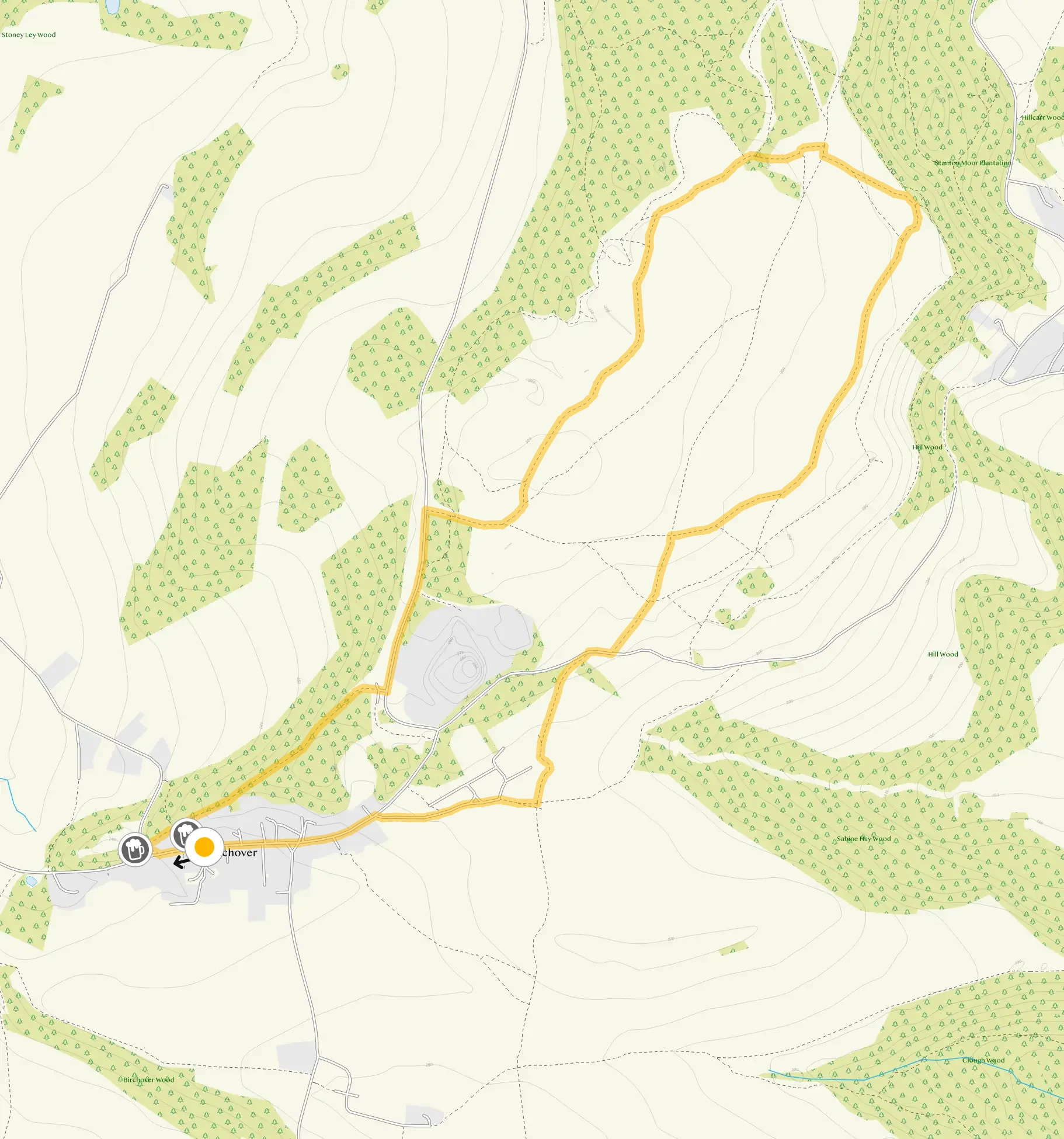 Route map for Birchover Walk 2, a 3 mile circular walk in Derbyshire