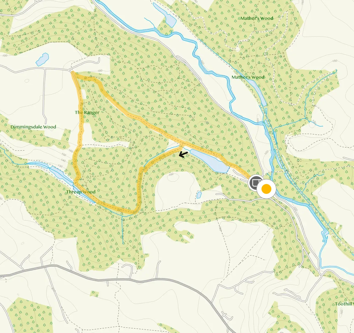 Route map for Dimmings Dale Walk 2, a 2 mile circular walk in Staffordshire