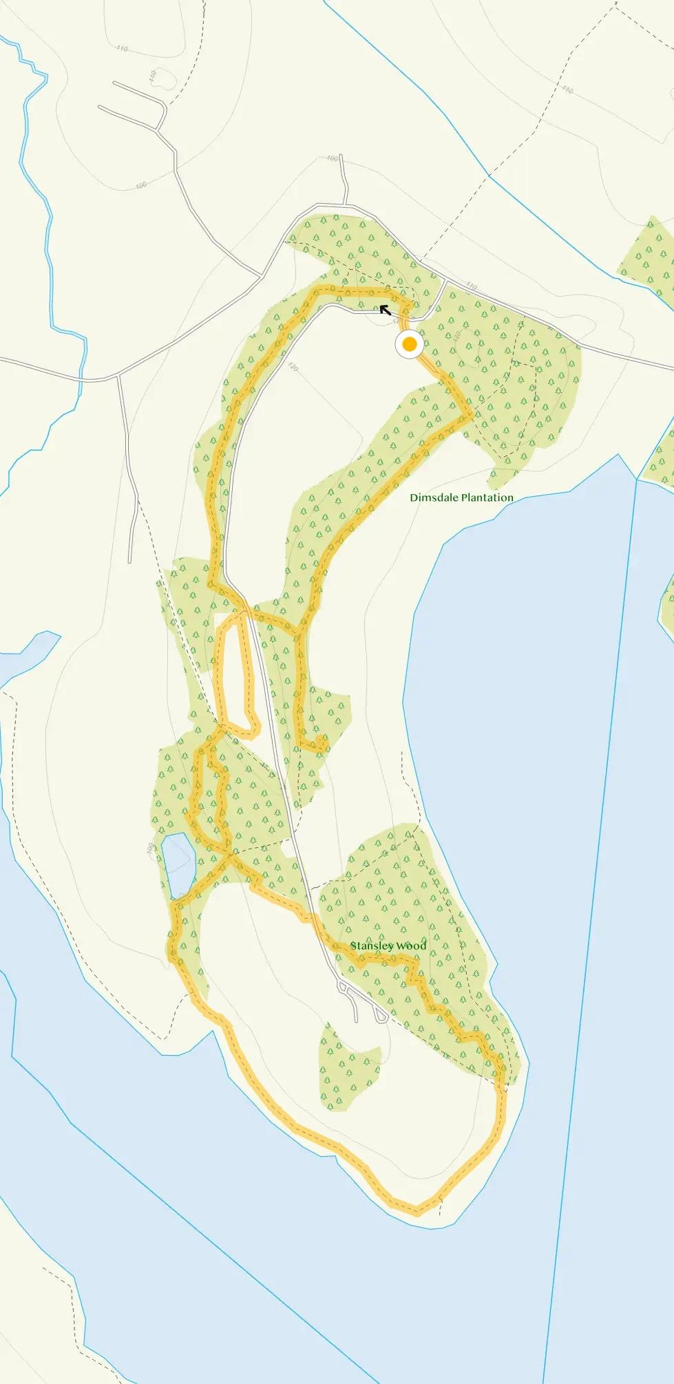 Route map for Blithfield Reservoir Longer Walk, a 3 mile circular walk in Staffordshire