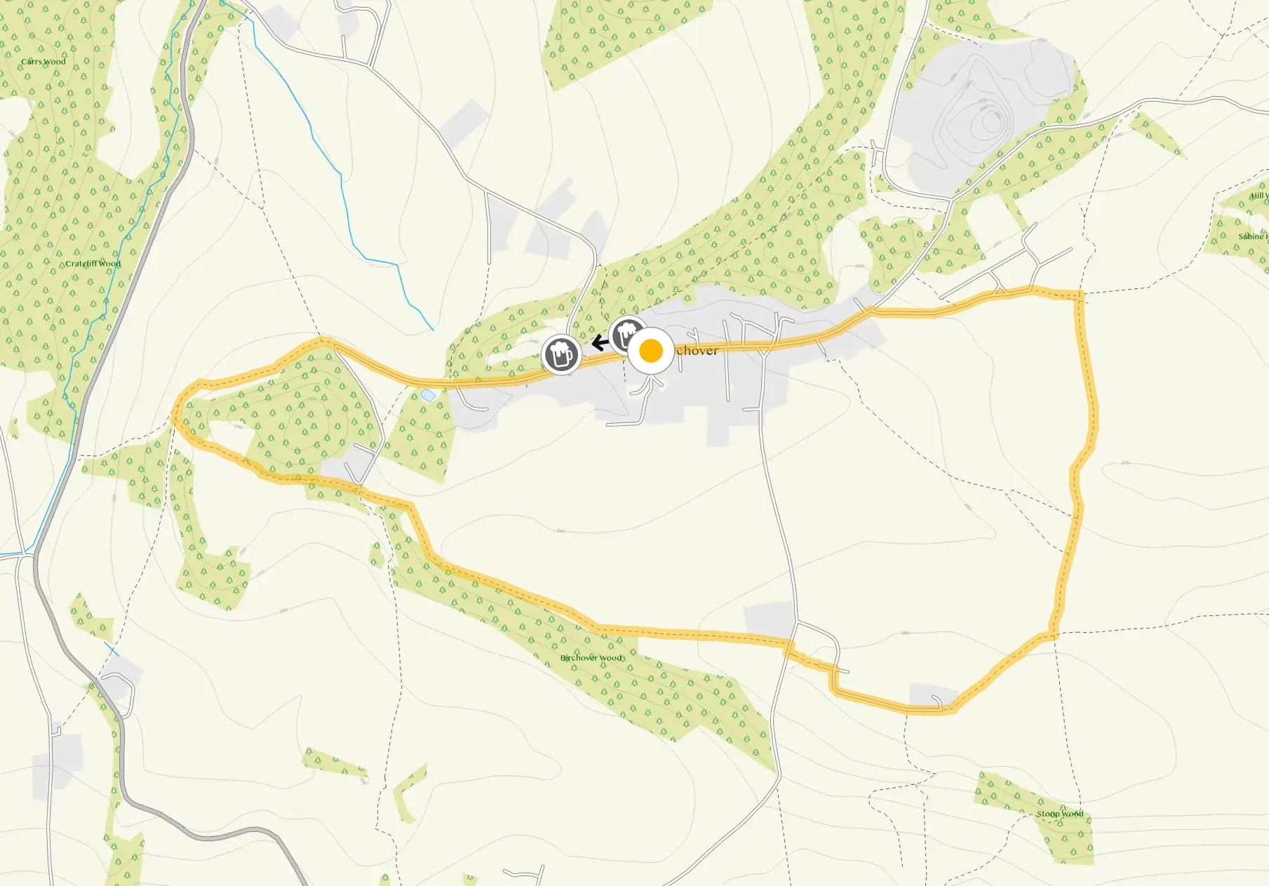 Route map for Birchover Walk 1, a 2.25 mile circular walk in Derbyshire