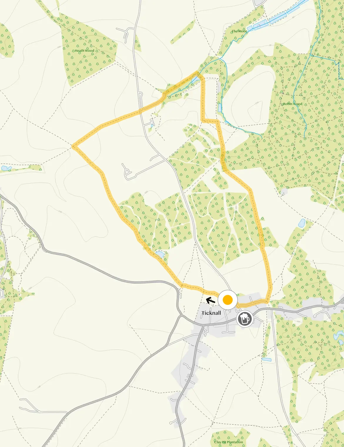 Route map for Ticknall Walk 1, a 3 mile circular walk in Derbyshire
