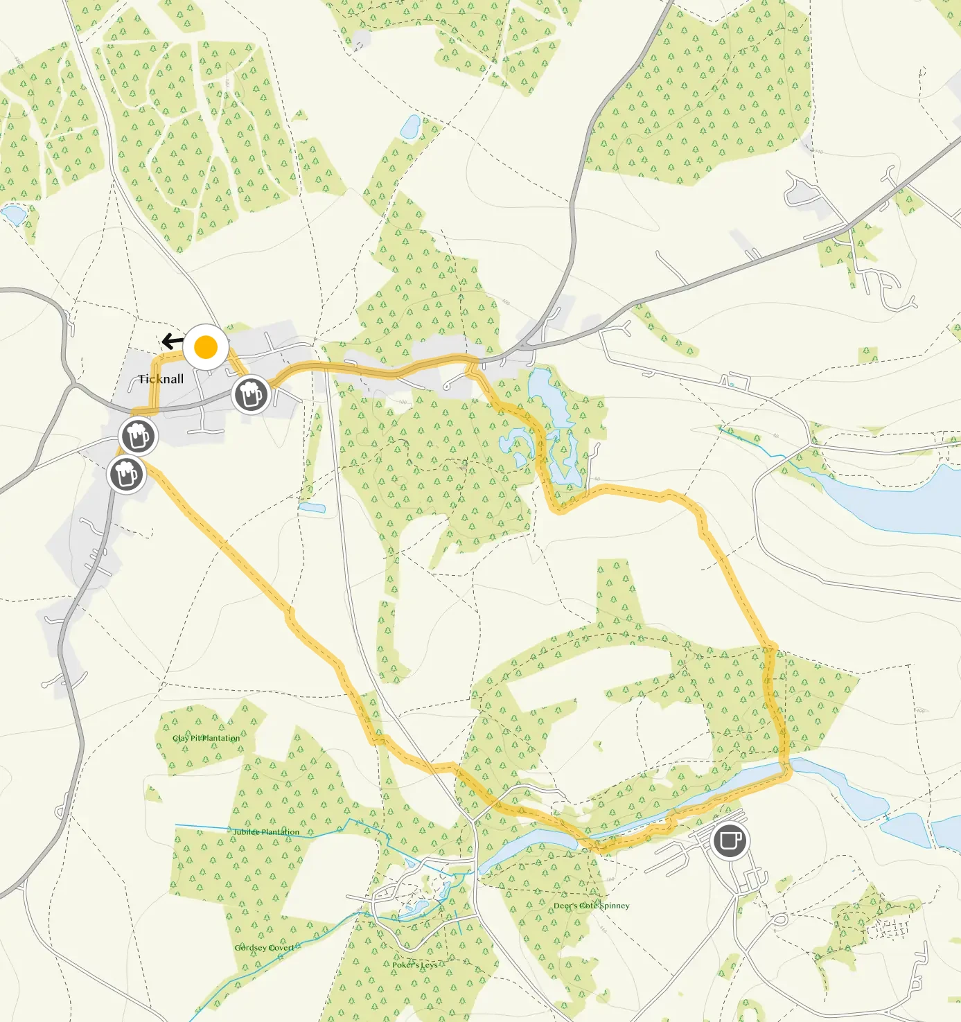 Route map for Ticknall Walk 2, a 3.25 mile circular walk in Derbyshire