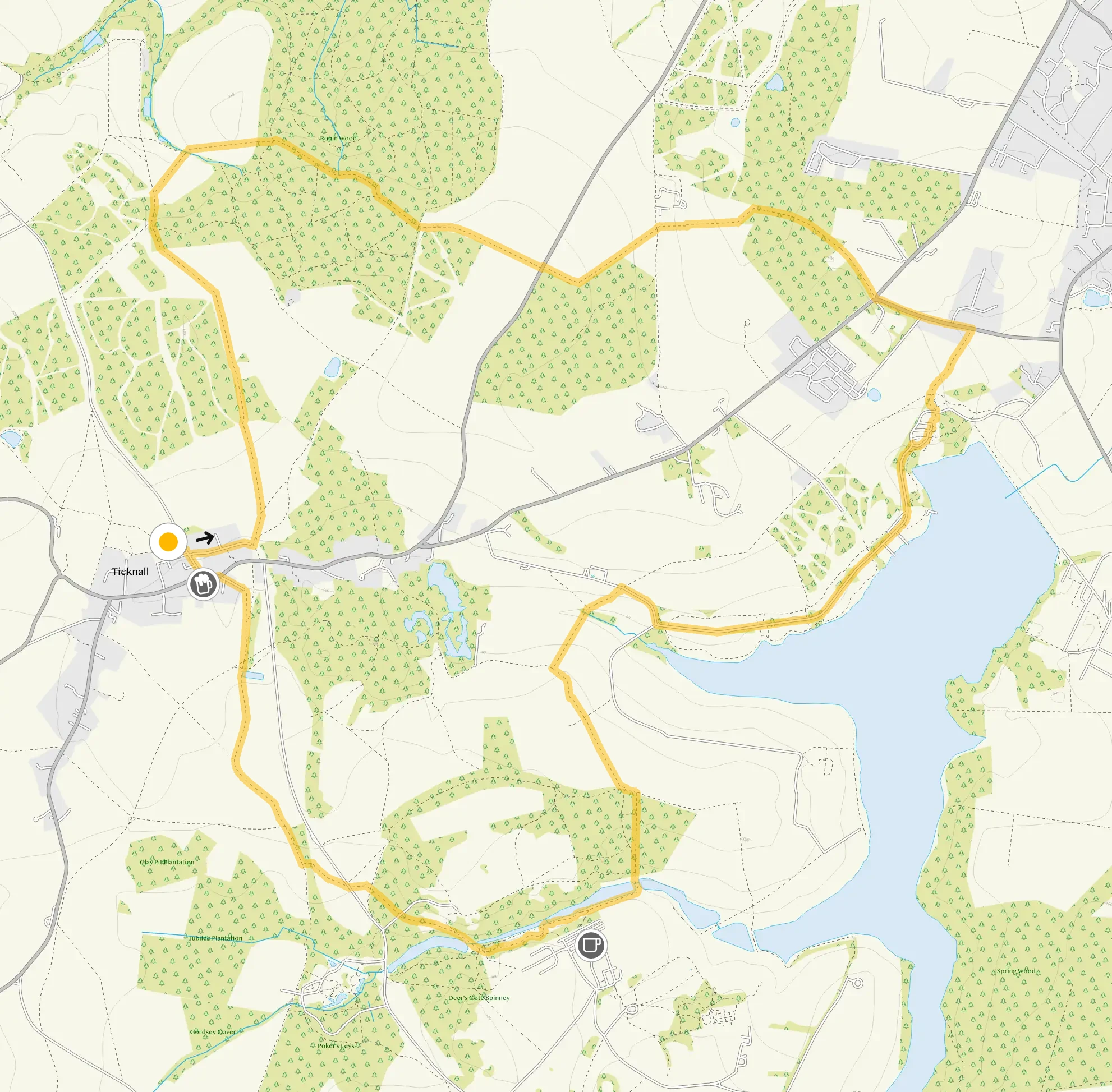 Route map for Ticknall Walk 3, a 6.25 mile circular walk in Derbyshire