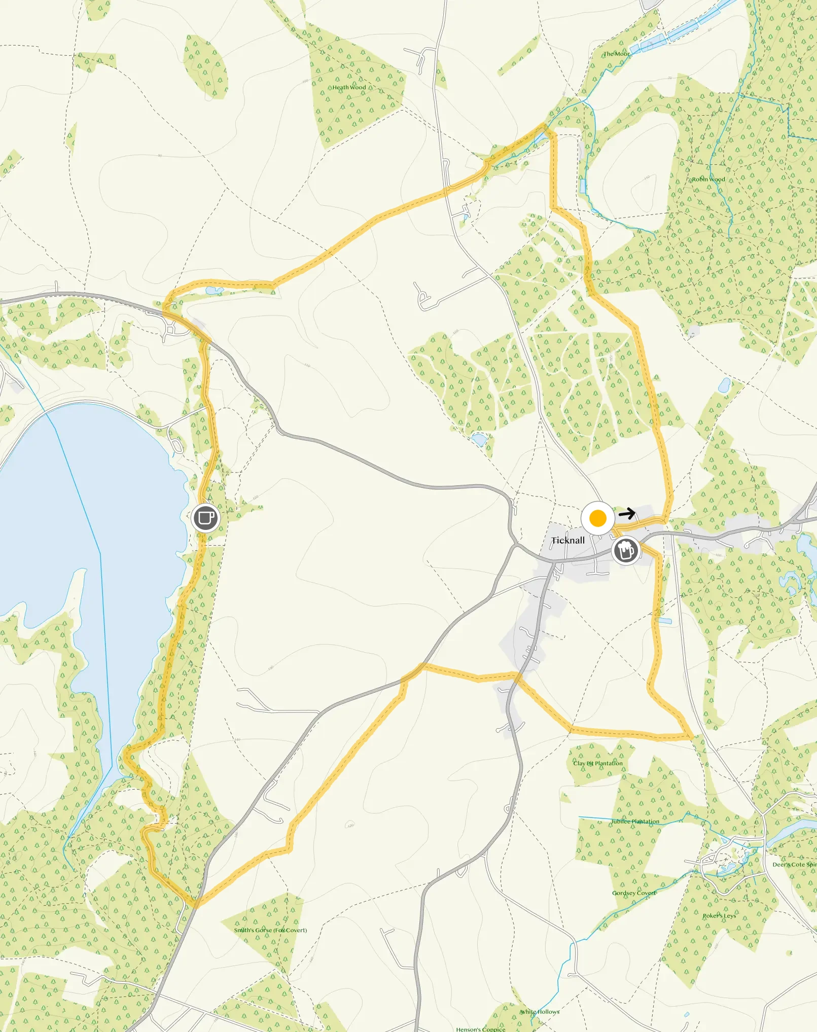 Route map for Ticknall Walk 4, a 6.75 mile circular walk in Derbyshire