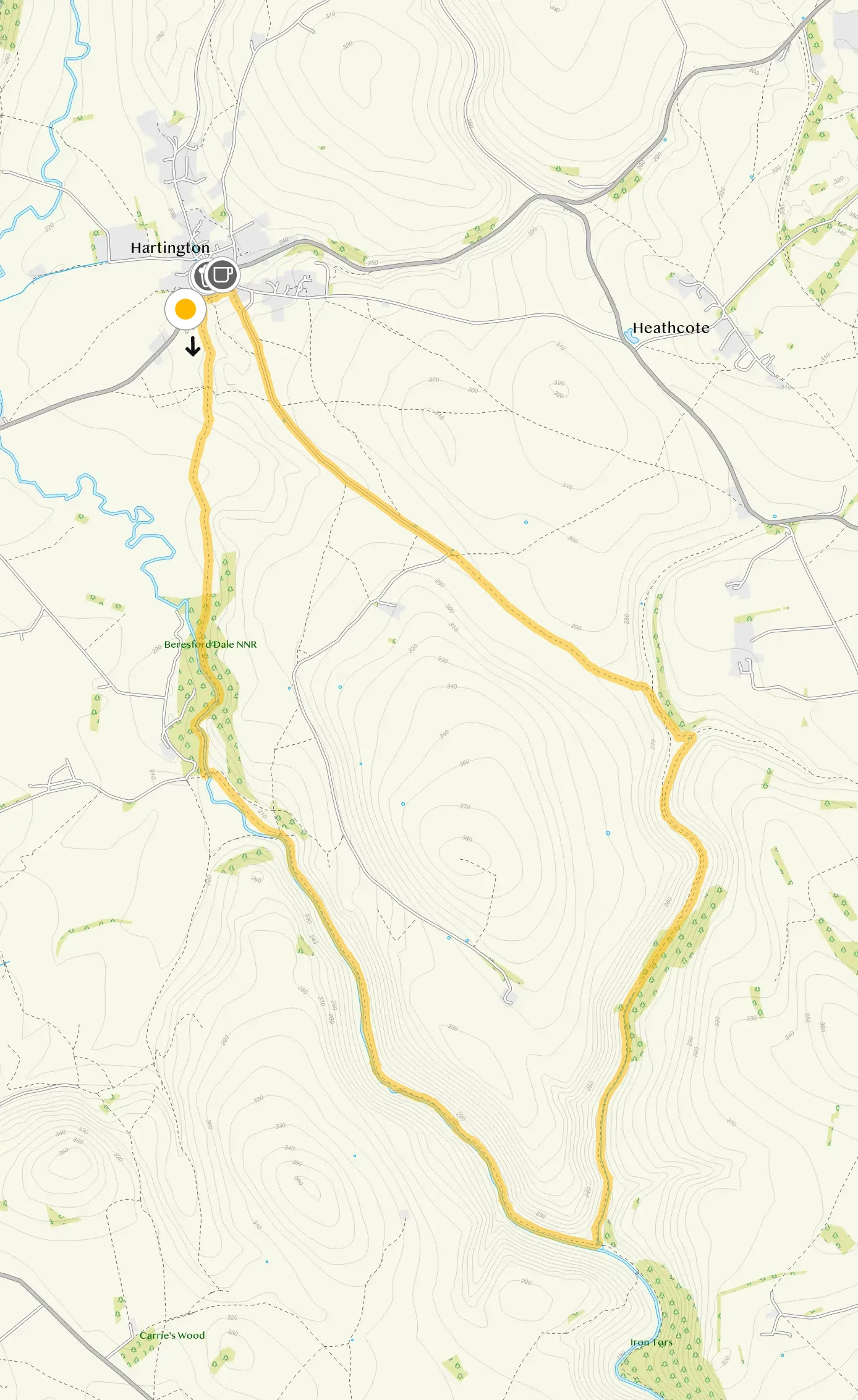 Route map for Hartington Walk 1, a 5.5 mile circular walk in Derbyshire