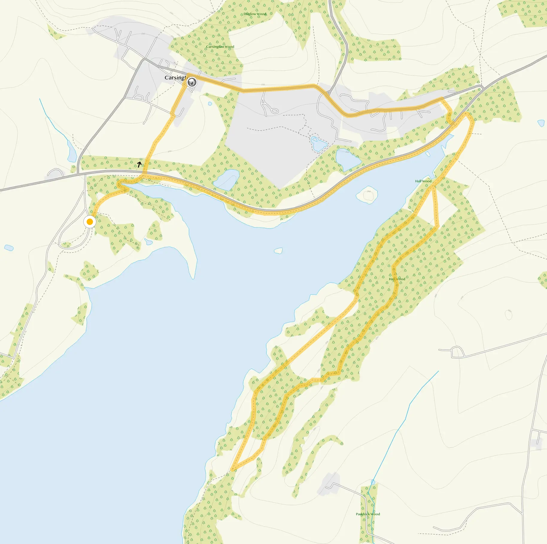 Route map for Carsington Water Walk 1, a 4.25 mile circular walk in Derbyshire