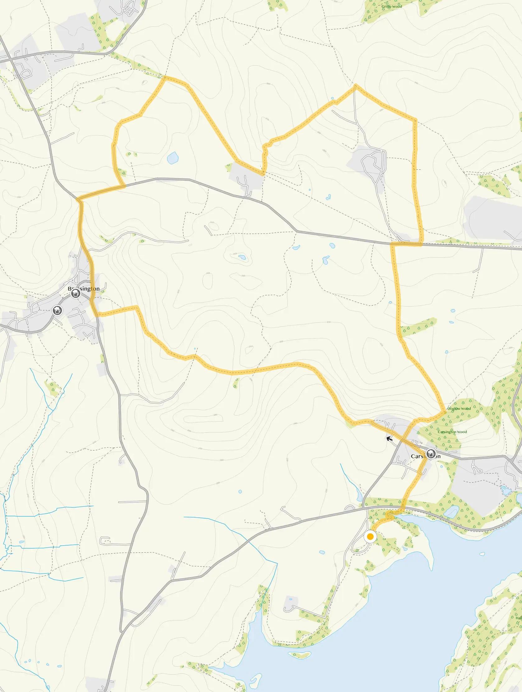 Route map for Carsington Water Walk 2, a 6.5 mile circular walk in Derbyshire