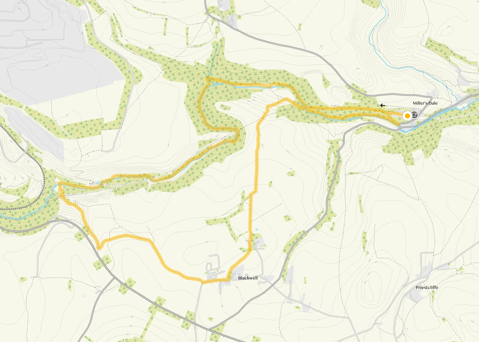 Route map for Miller's Dale Walk 5, a 5.25 mile circular walk in Derbyshire
