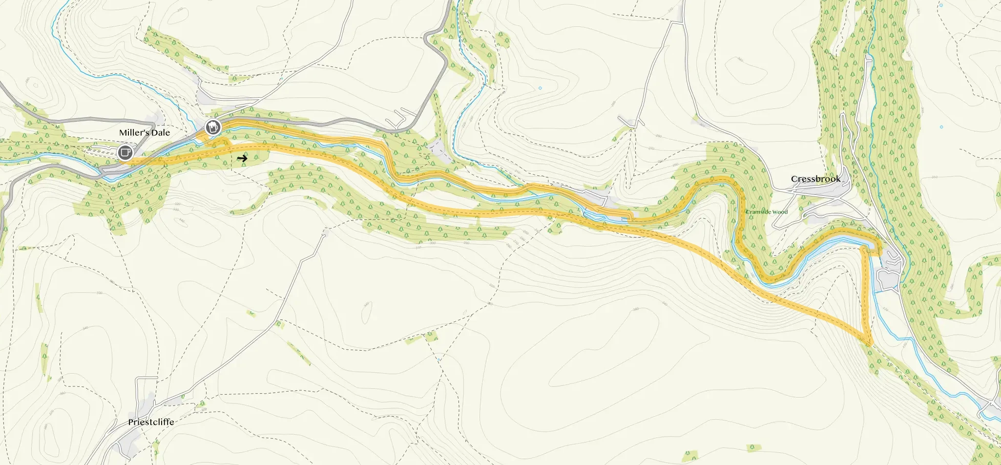 Route map for Miller's Dale Walk 6, a 5.5 mile circular walk in Derbyshire