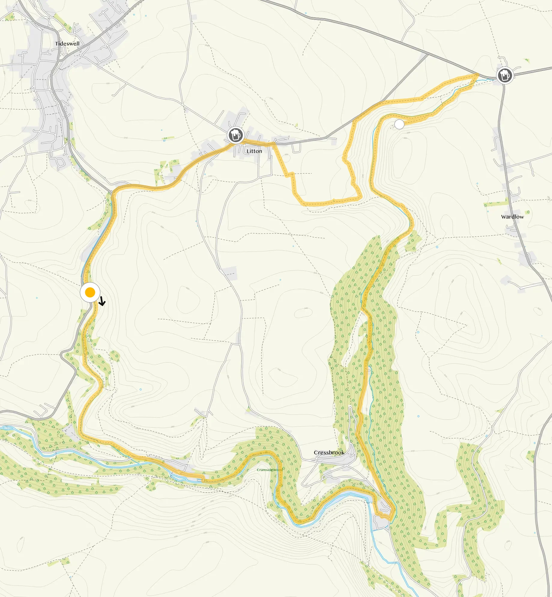 Route map for Tideswell Dale Walk 2, a 7.5 mile circular walk in Derbyshire