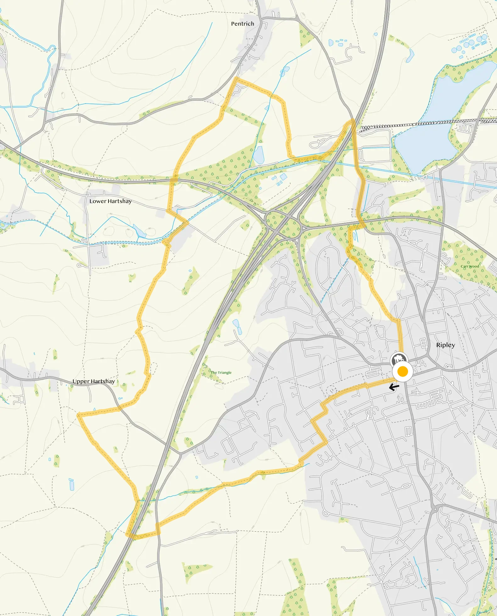 Route map for Ripley Walk, a 5 mile circular walk in Derbyshire
