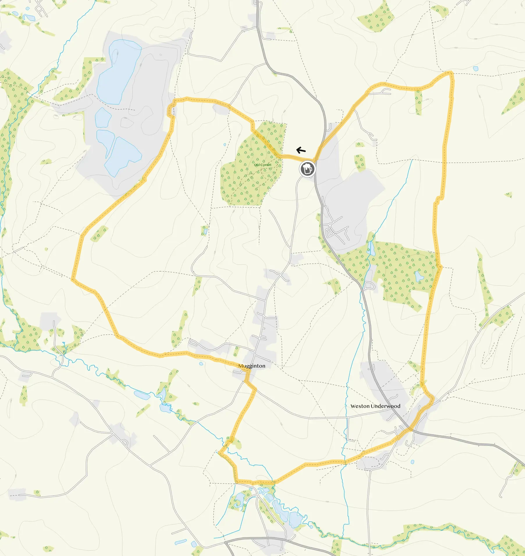 Route map for Muggington Circular Walk, a 5.25 mile circular walk in Derbyshire