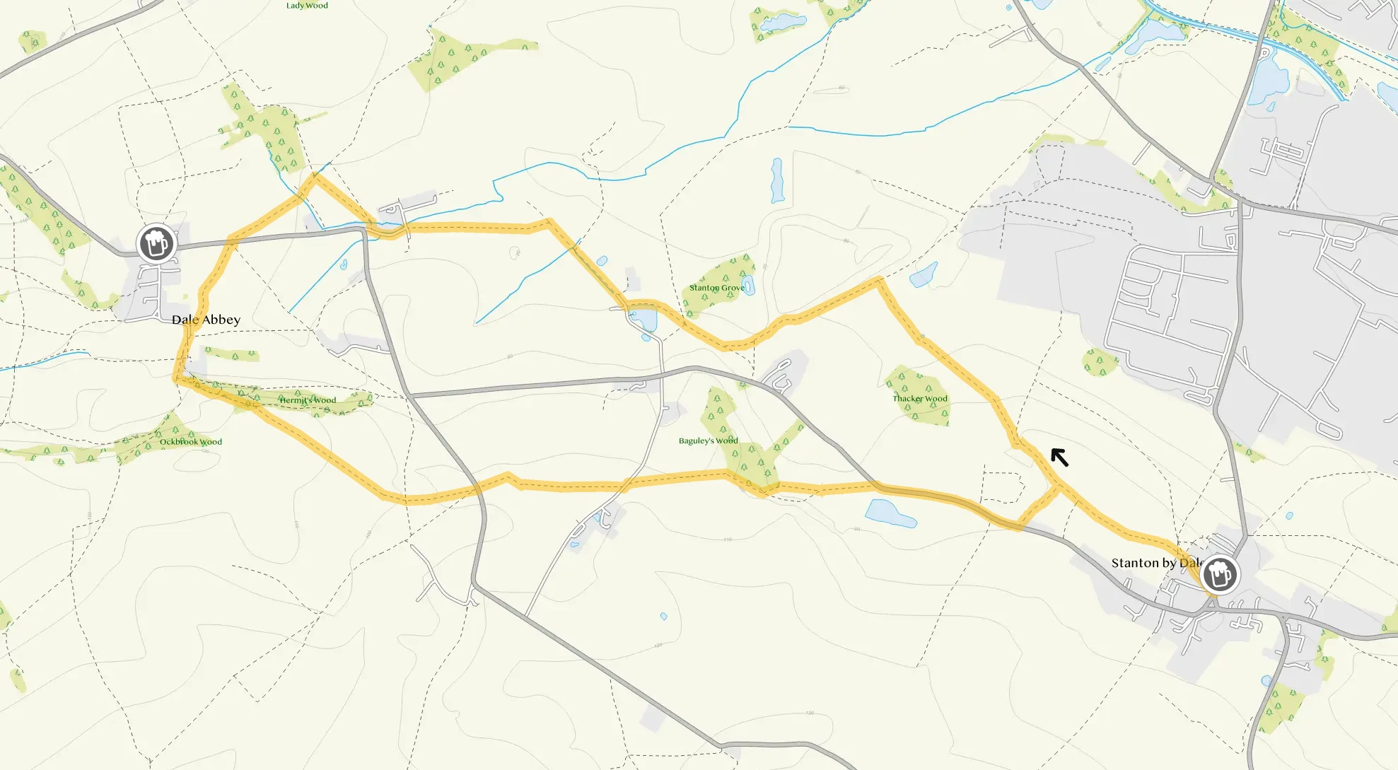 Route map for Stanton by Dale Walk, a 4.5 mile circular walk in Derbyshire