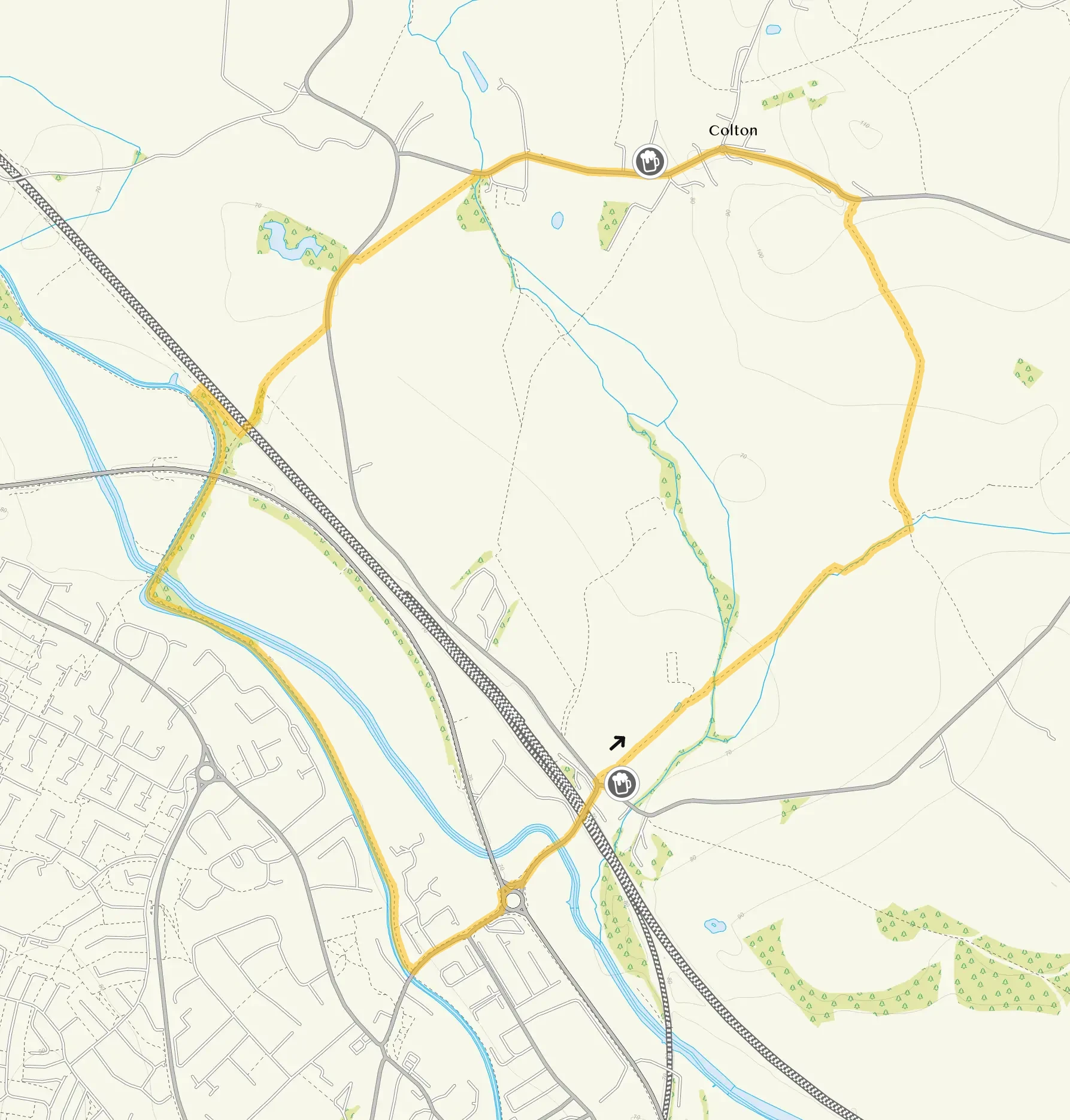 Route map for Rugeley Walk, a 3.75 mile circular walk in Staffordshire