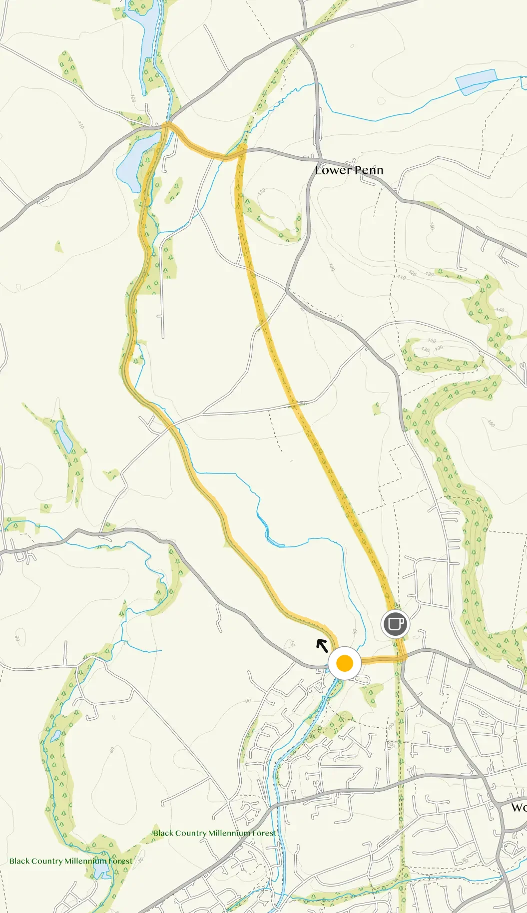 Route map for Wombourne Walk 3, a 4 mile circular walk in Staffordshire