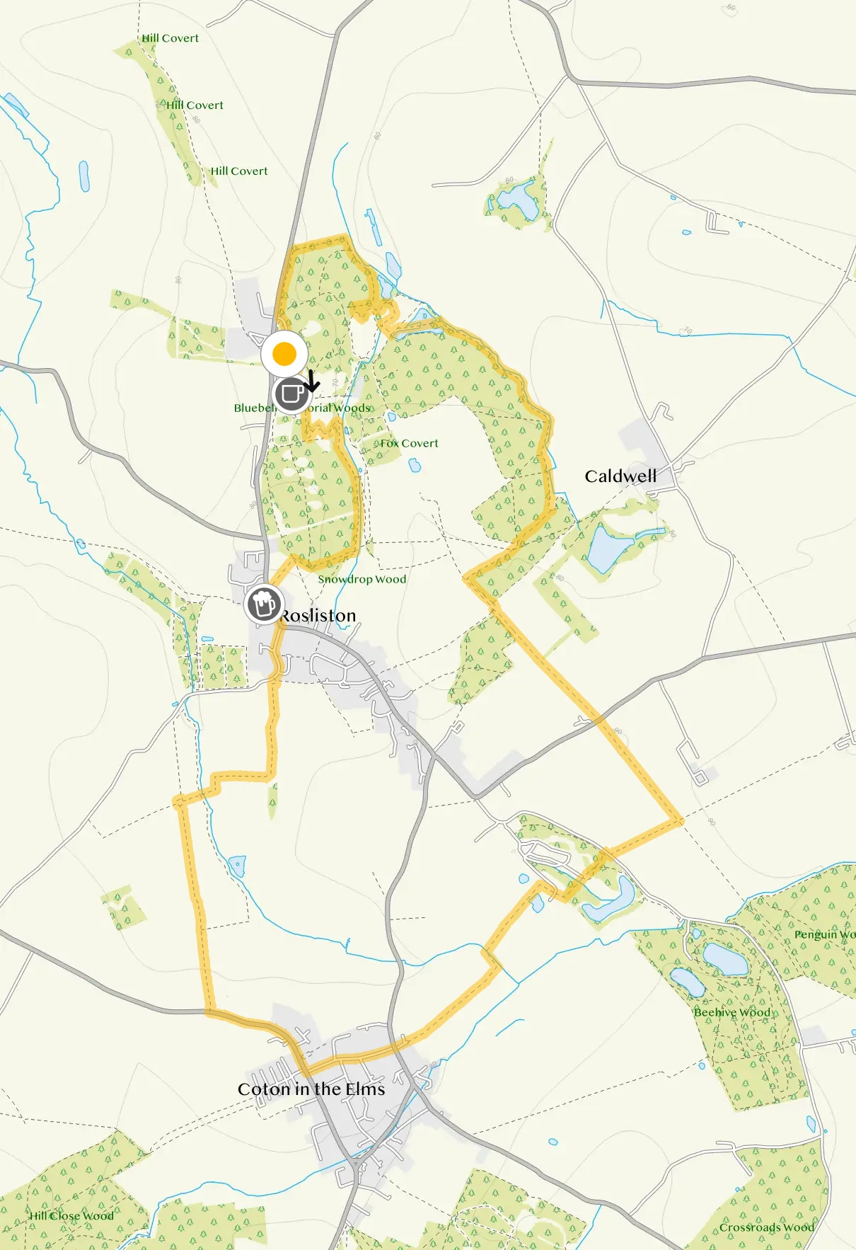 Route map for Rosliston Forest Walk 2, a 4.75 mile circular walk in Derbyshire