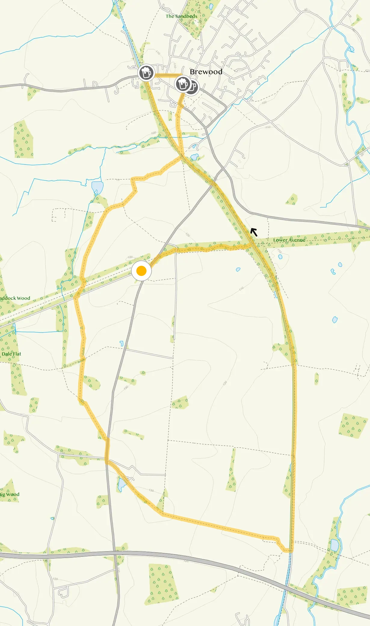 Route map for Brewood Walk 3, a 7.25 mile circular walk in Staffordshire