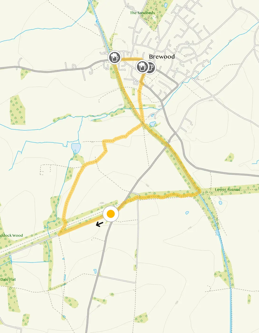Route map for Brewood Walk 1, a 3.5 mile circular walk in Staffordshire