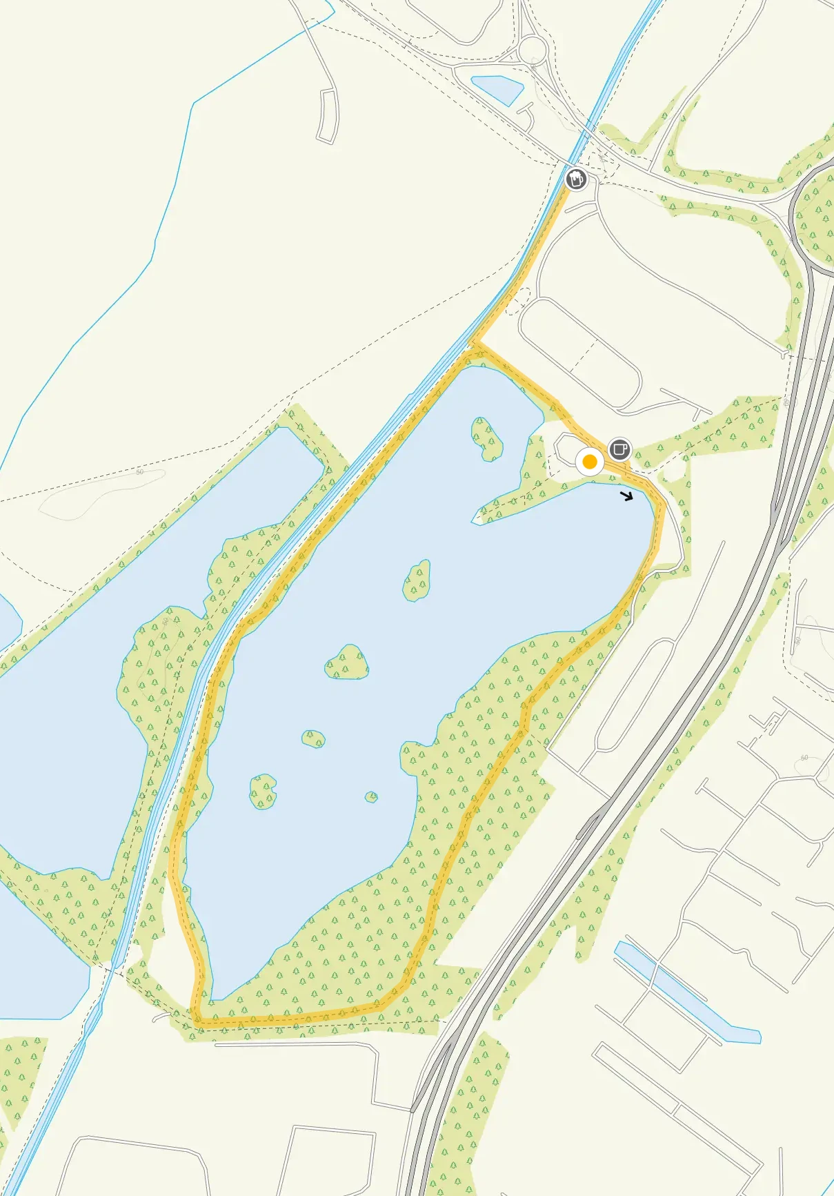 Route map for Branston Water Park, a 1.5 mile circular walk in Staffordshire