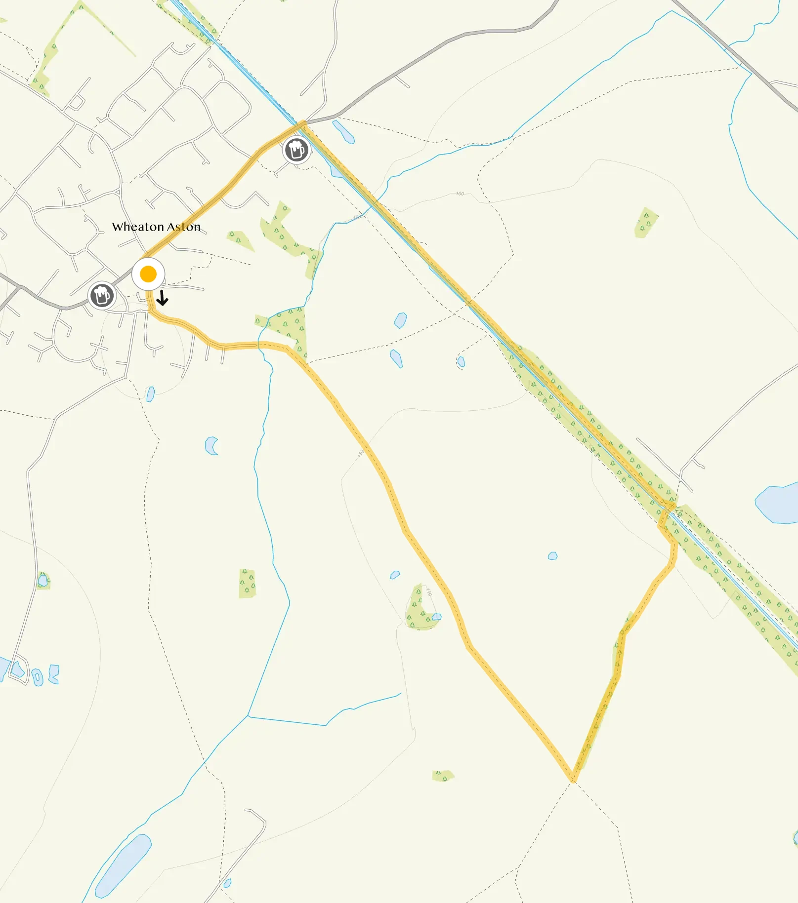 Route map for Wheaton Aston Walk 1, a 2.5 mile circular walk in Staffordshire