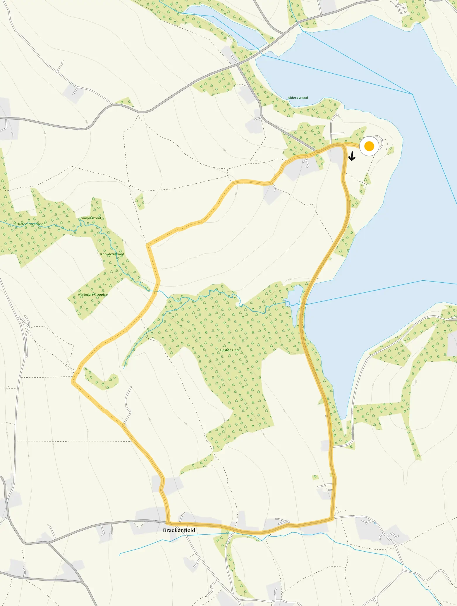 Route map for Ogston Reservoir Walk 2, a 3 mile circular walk in Derbyshire