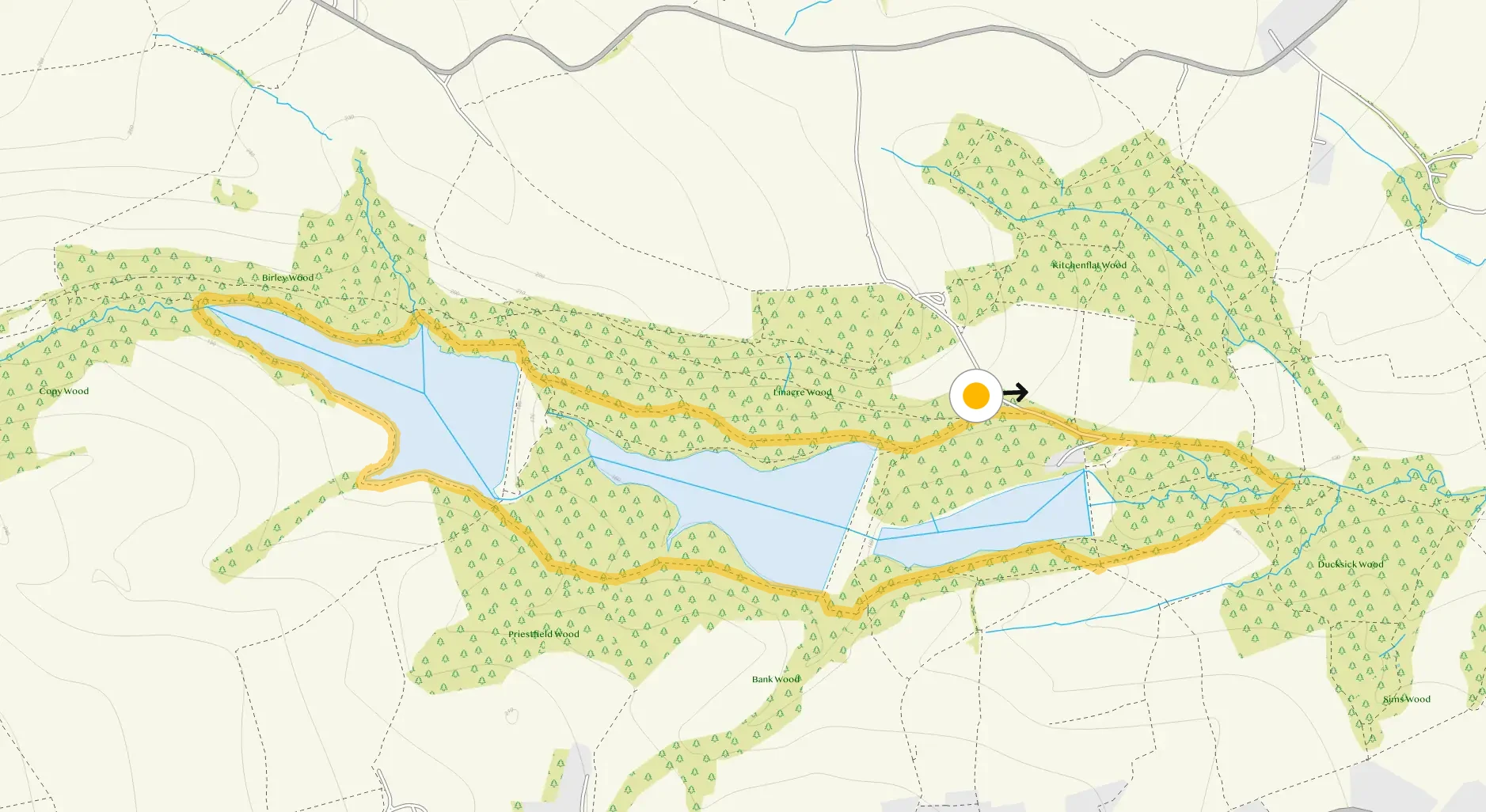 Route map for Linacre Reservoirs Walk 1, a 3 mile circular walk in Derbyshire
