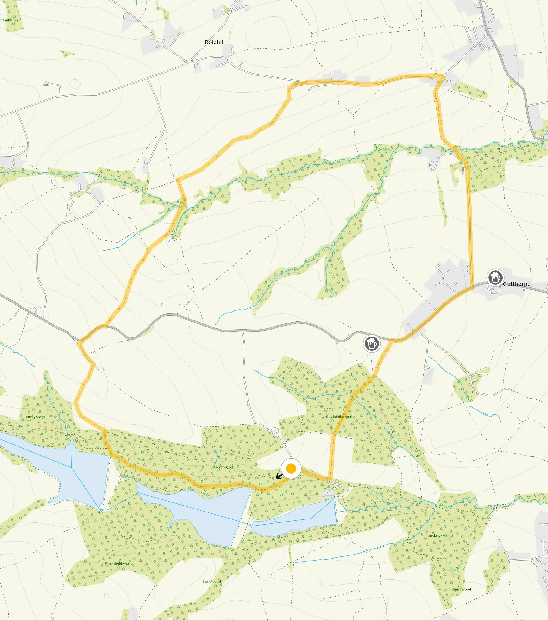 Route map for Linacre Reservoirs Walk 2, a 3.75 mile circular walk in Derbyshire