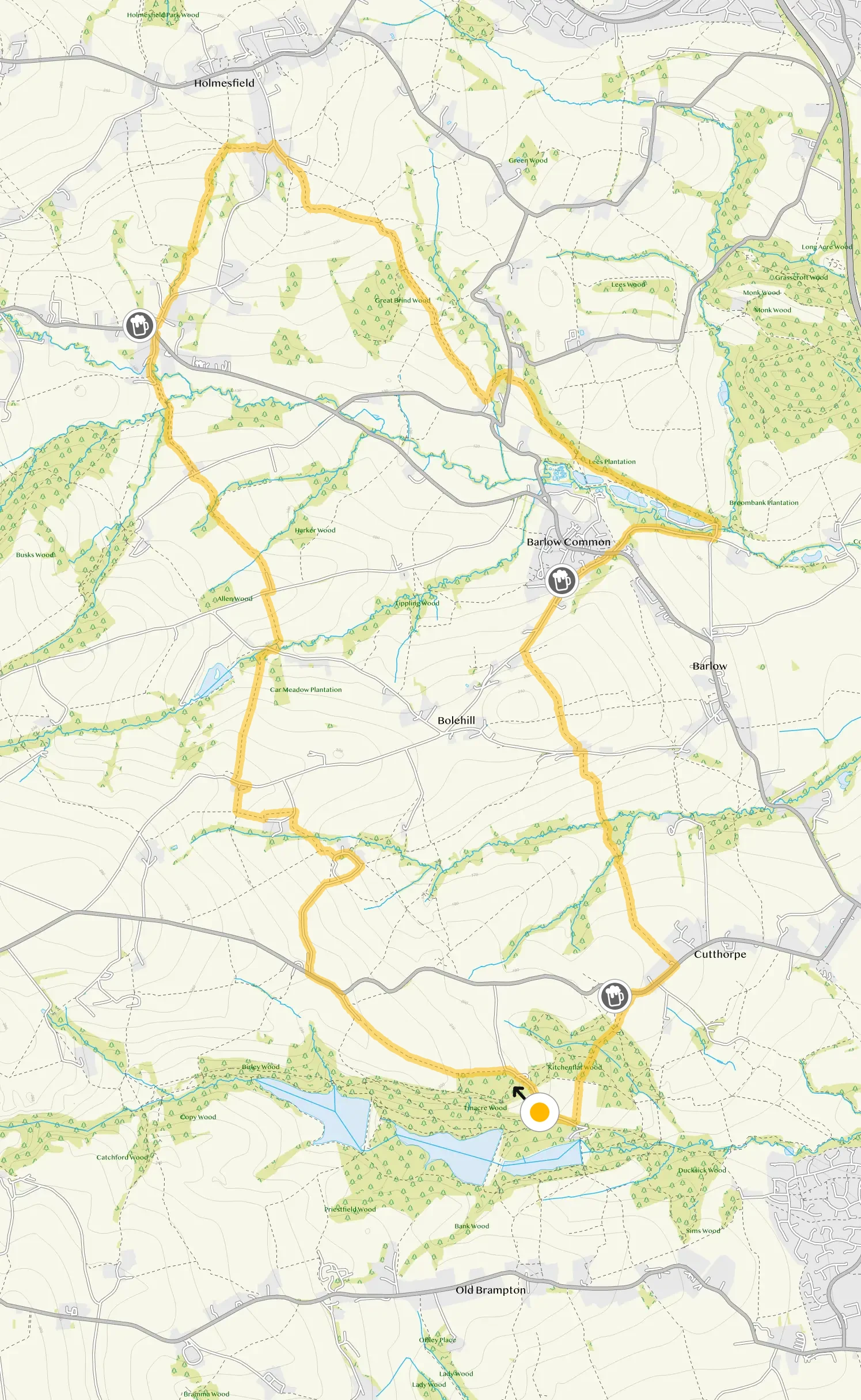 Route map for Linacre Reservoirs Walk 3, a 9 mile circular walk in Derbyshire