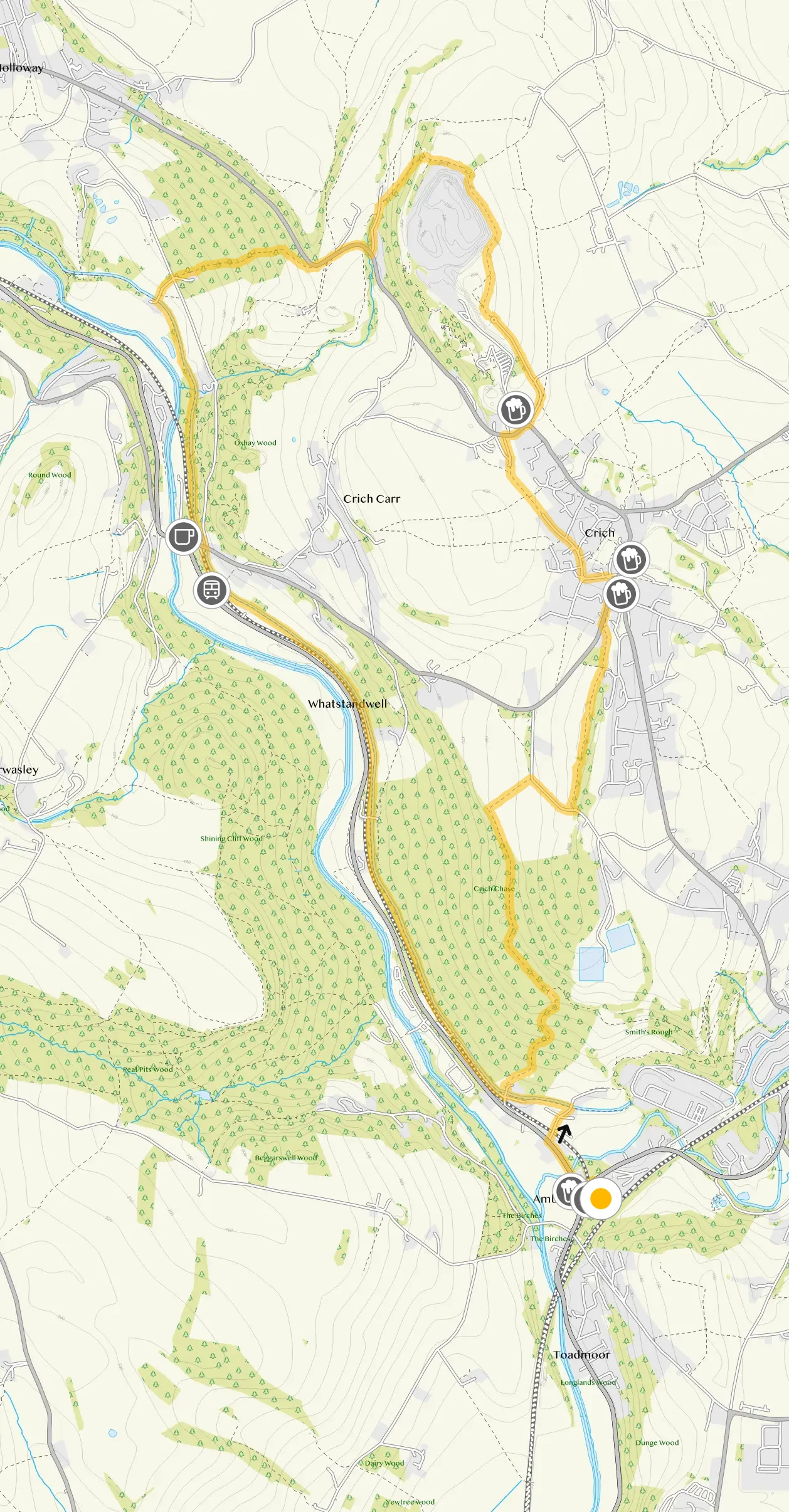 Route map for Ambergate Walk 2, an 8 mile circular walk in Derbyshire