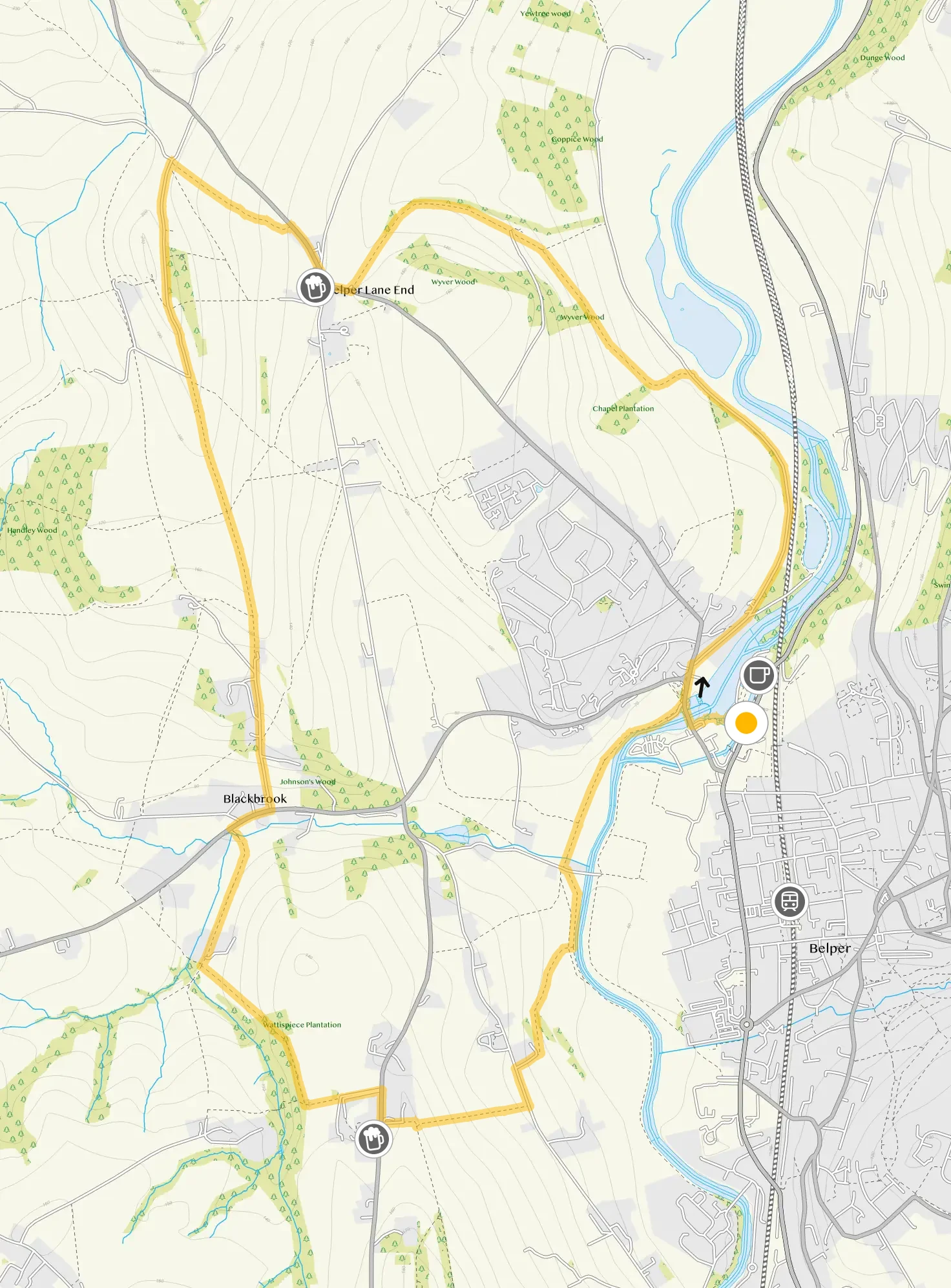 Route map for Belper Walk, a 5.75 mile circular walk in Derbyshire