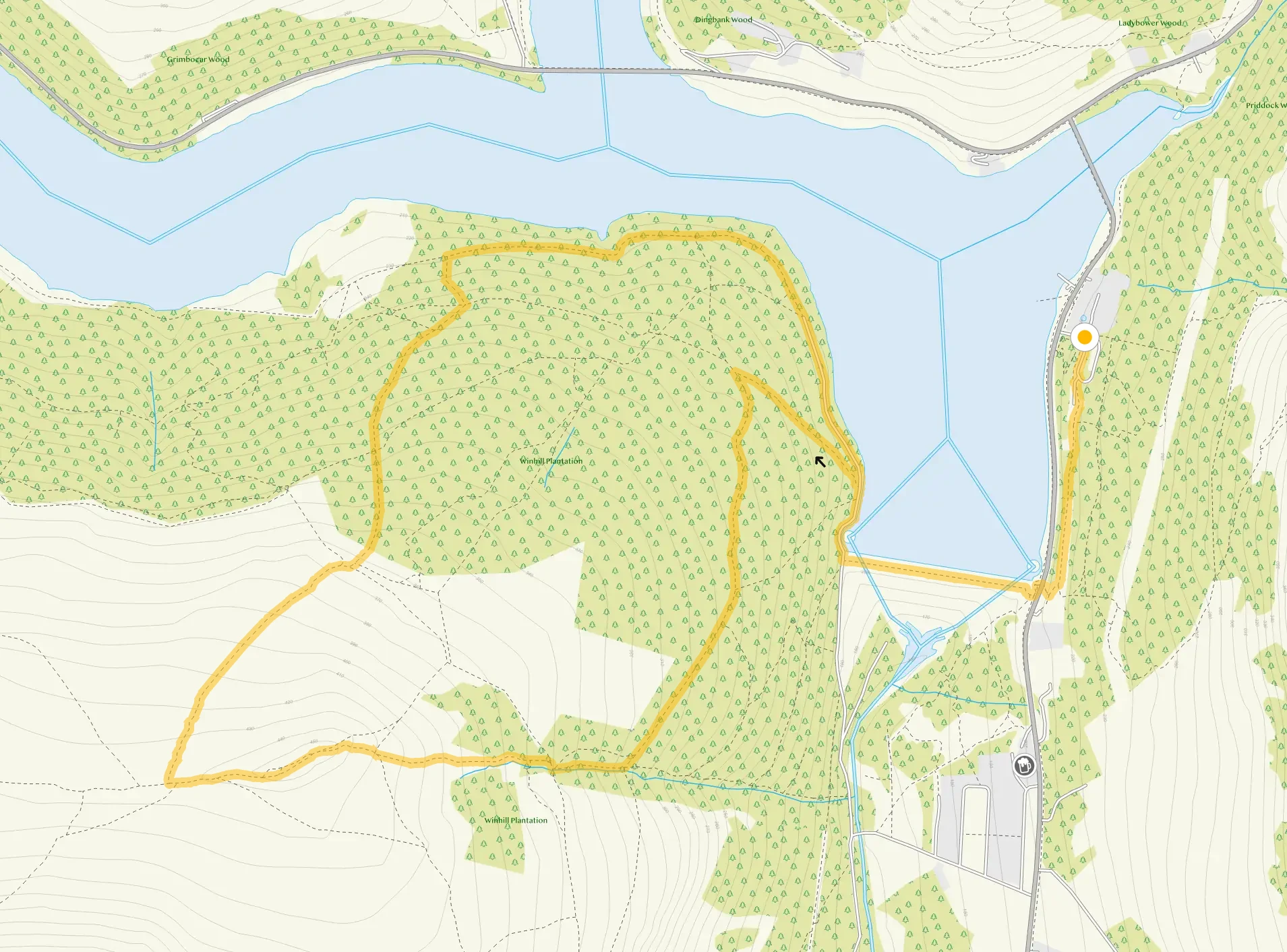 Route map for Ladybower Reservoir - Win Hill walk 1, a 4.25 mile circular walk in Derbyshire