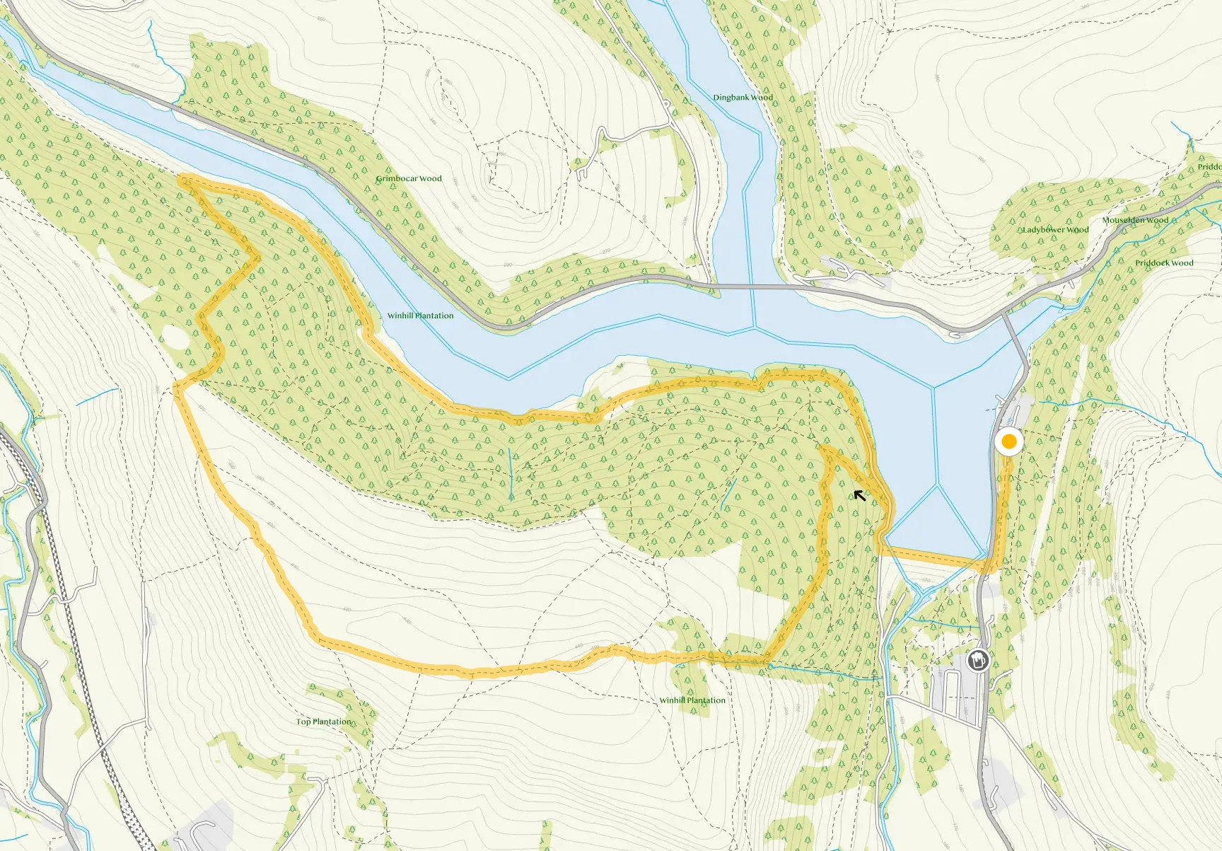 Route map for Ladybower Reservoir - Win Hill walk 2, a 6.5 mile circular walk in Derbyshire