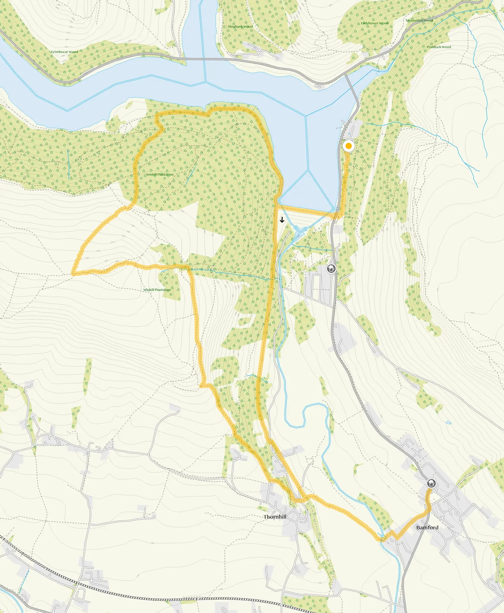 Route map for Ladybower Reservoir - Win Hill walk 3, a 7 mile circular walk in Derbyshire