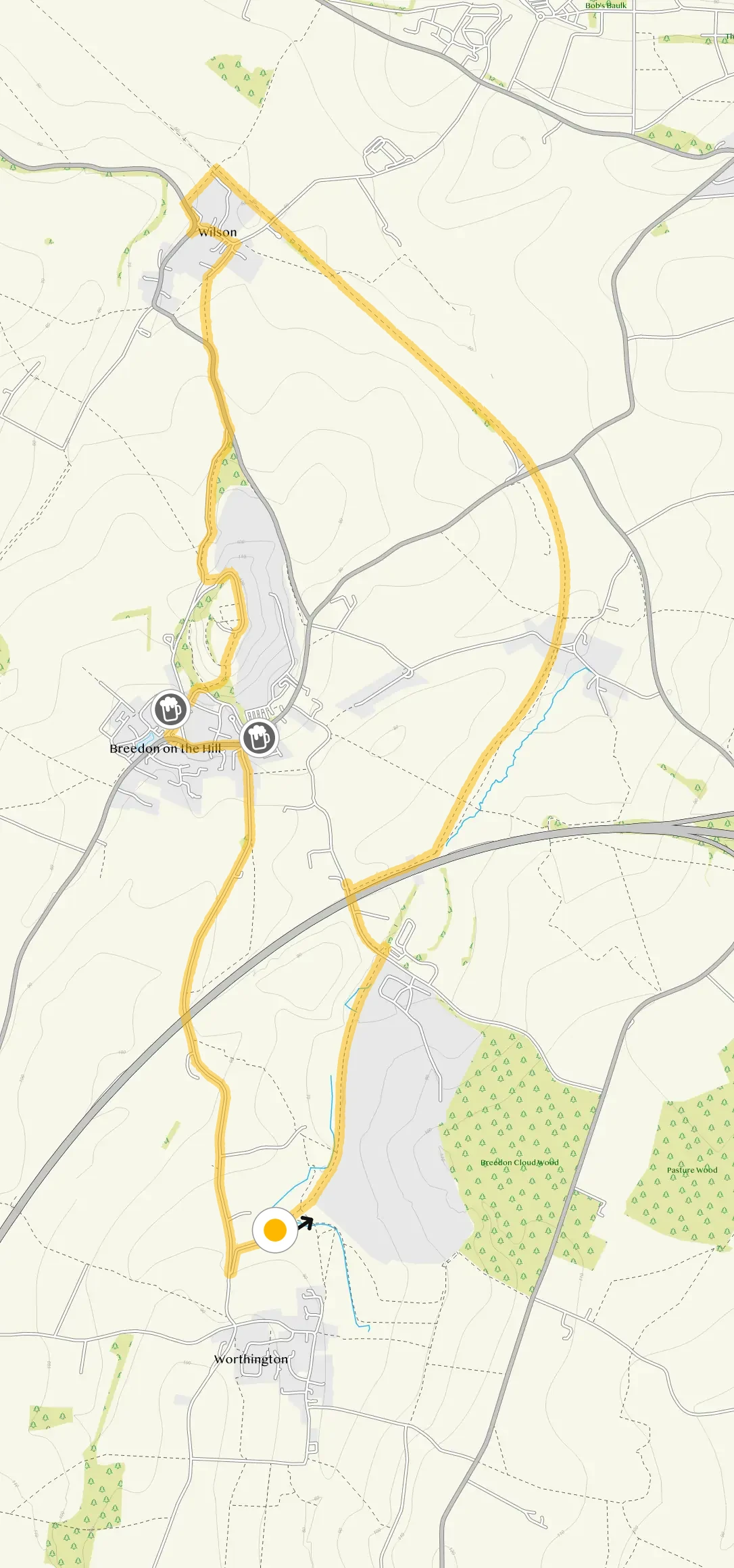 Route map for Breedon-on-the-Hill Walk, a 6.5 mile circular walk in Derbyshire