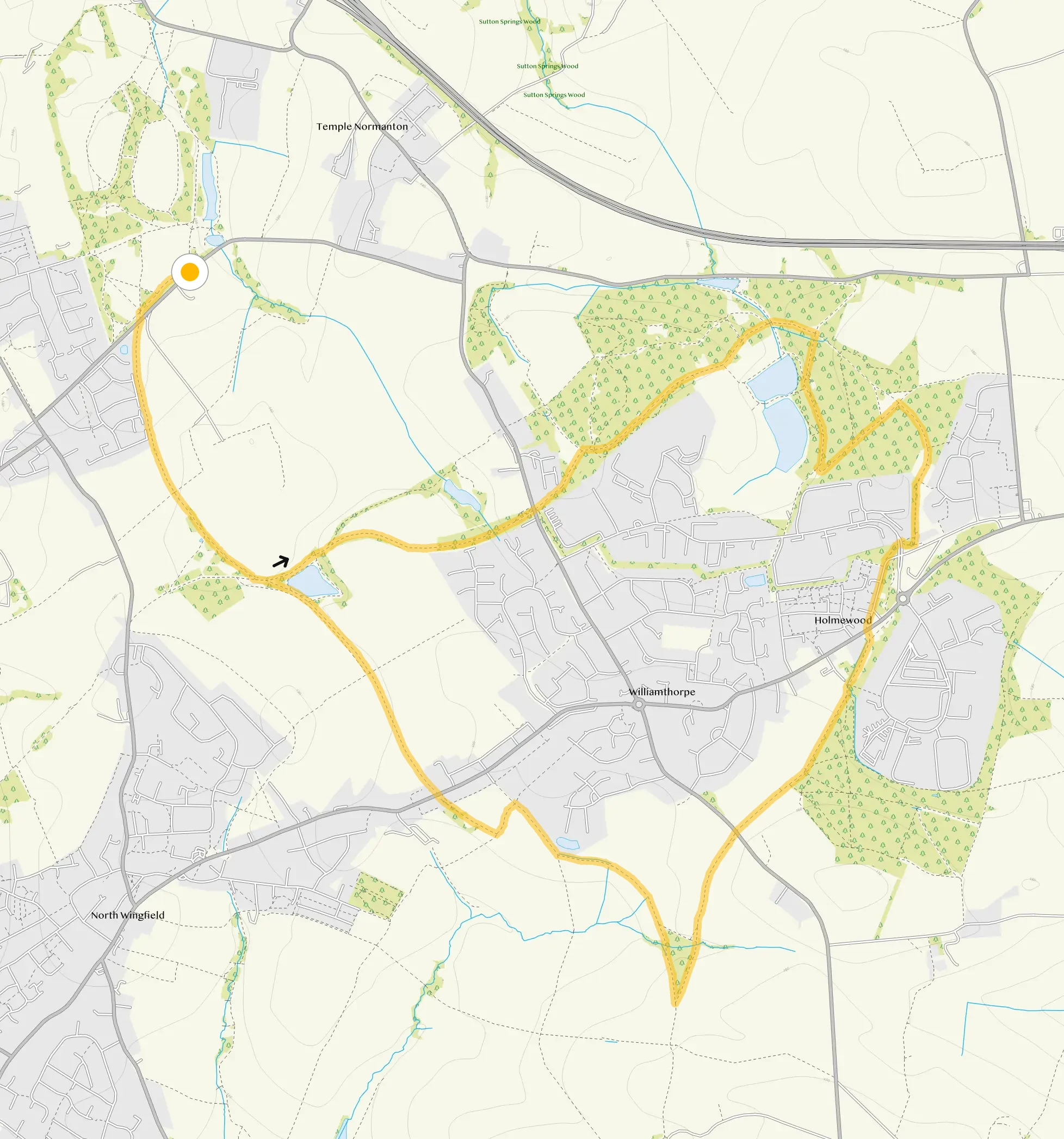 Route map for Grassmoor Walk 2, a 6.25 mile circular walk in Derbyshire