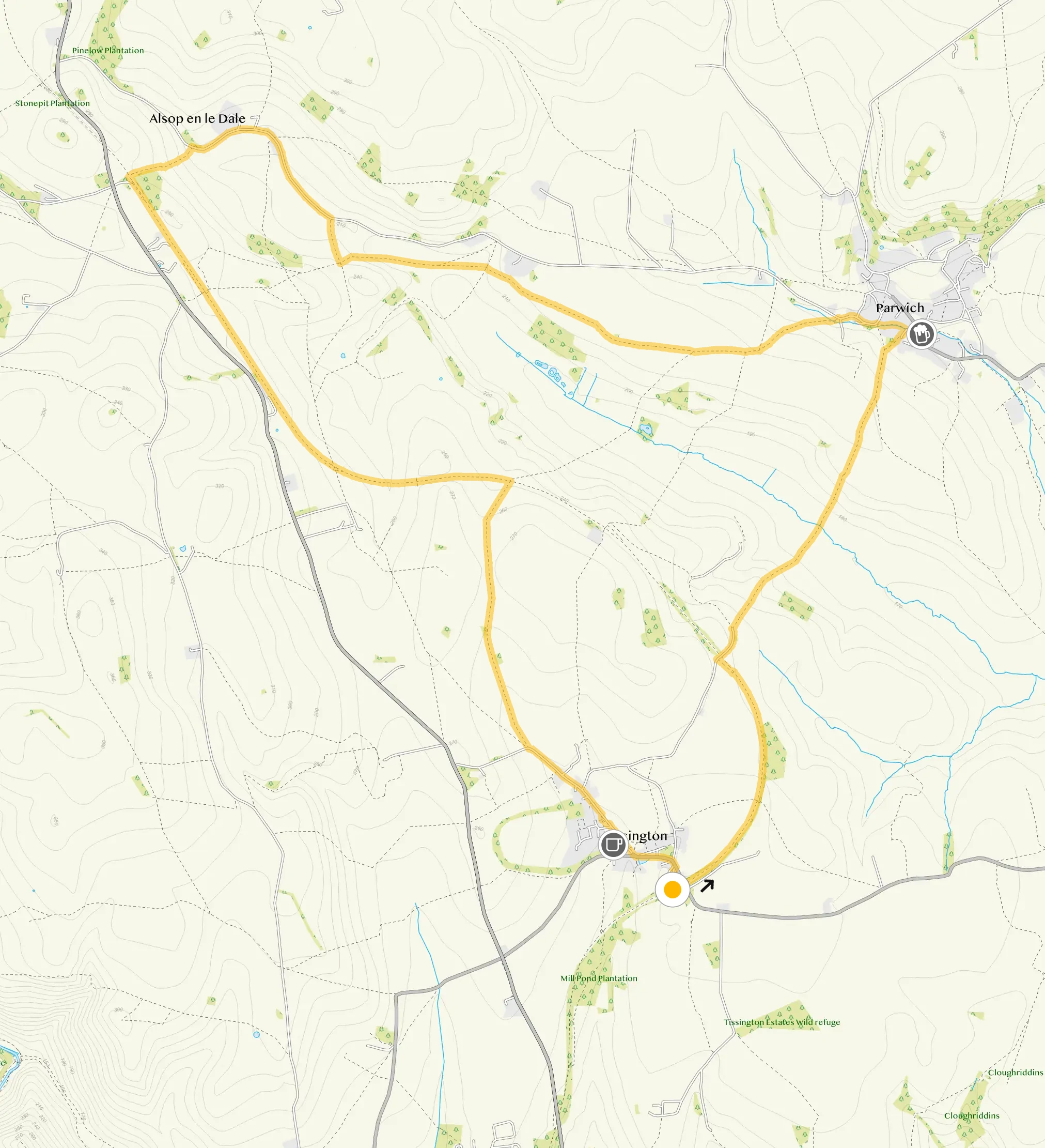 Route map for Tissington Walk 2, a 6.5 mile circular walk in Derbyshire