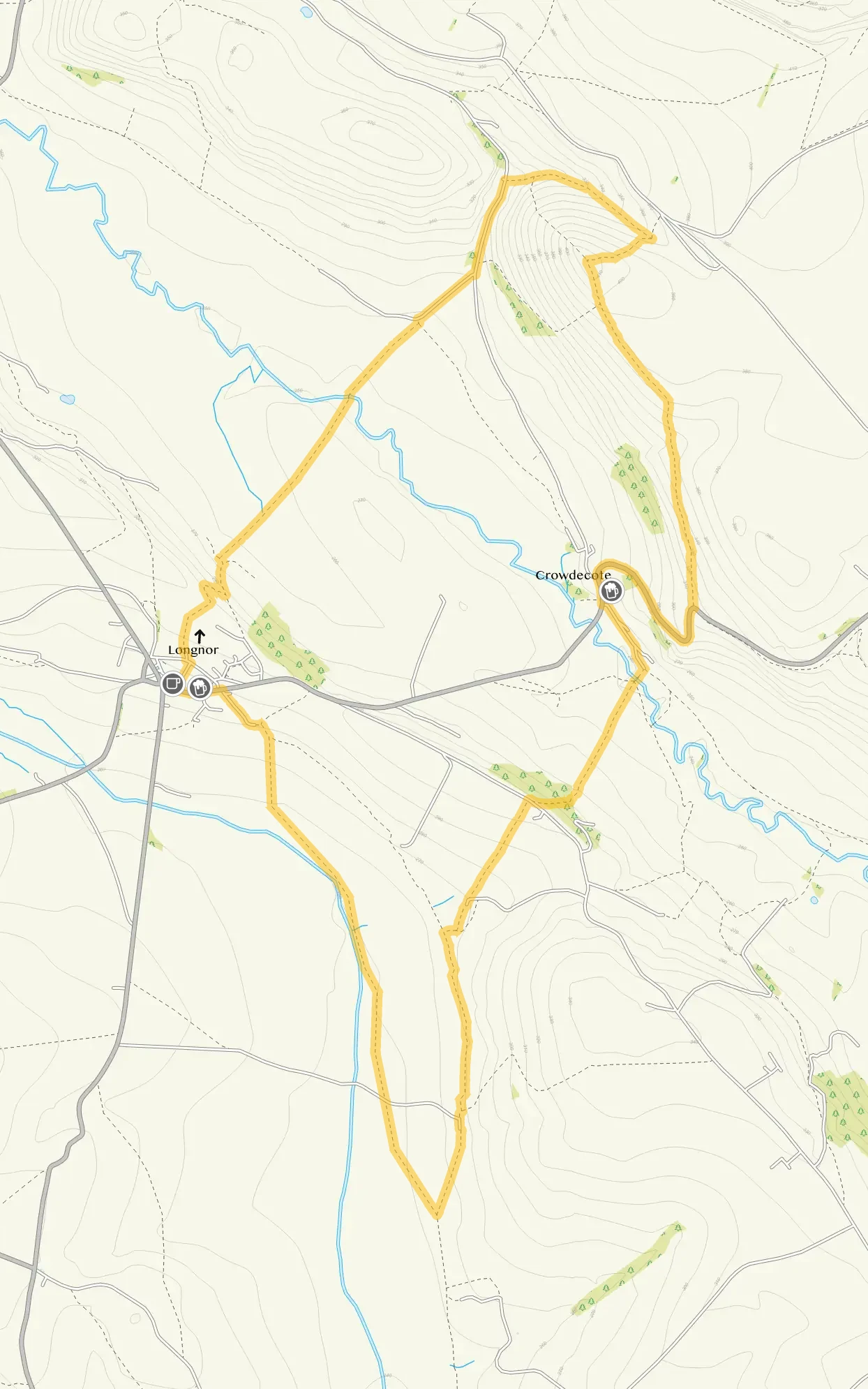 Route map for Longnor and High Wheeldon Walk, a 5 mile circular walk in Staffordshire