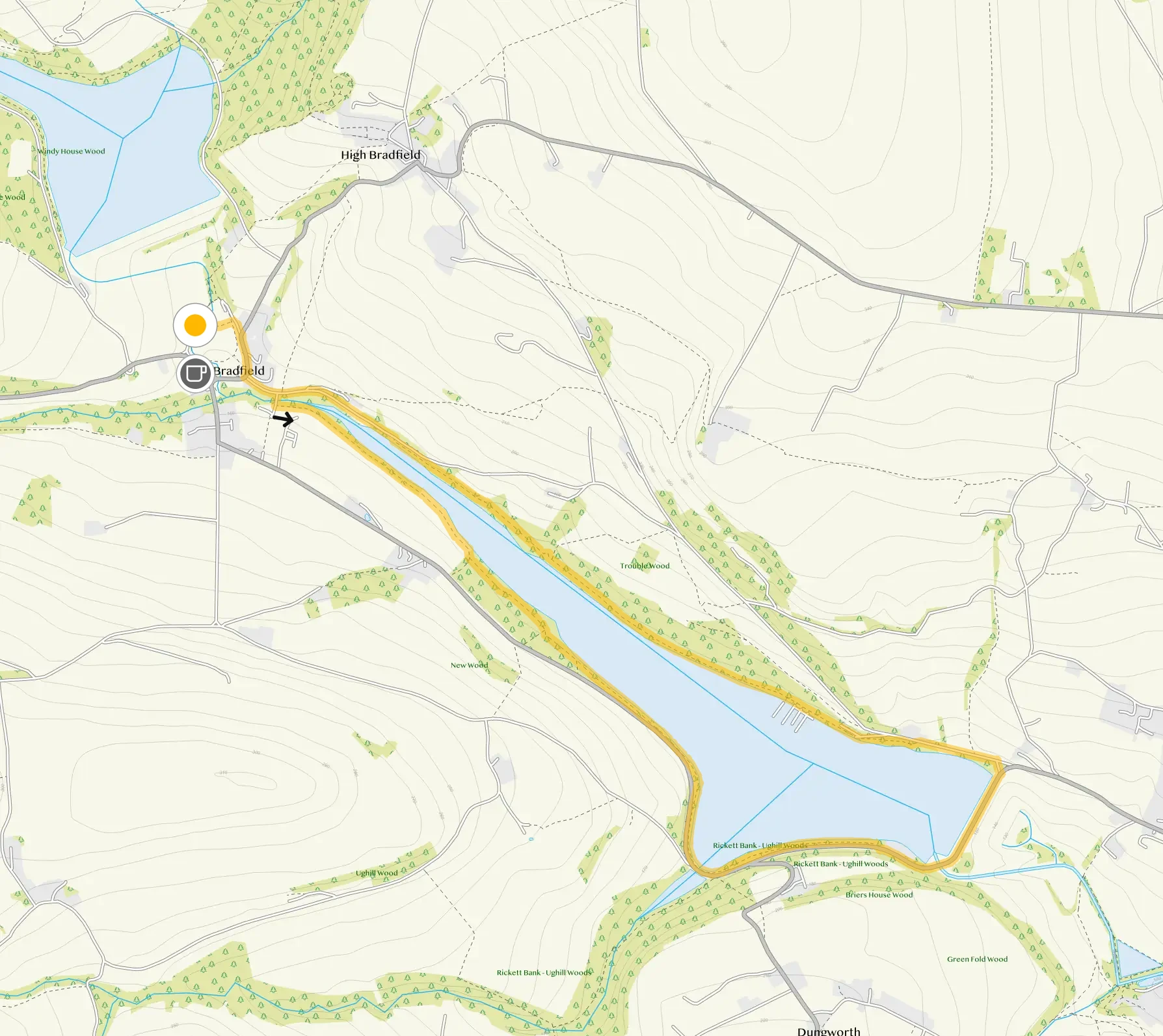 Route map for Low Bradfield Walk 2, a 3.75 mile circular walk in Derbyshire