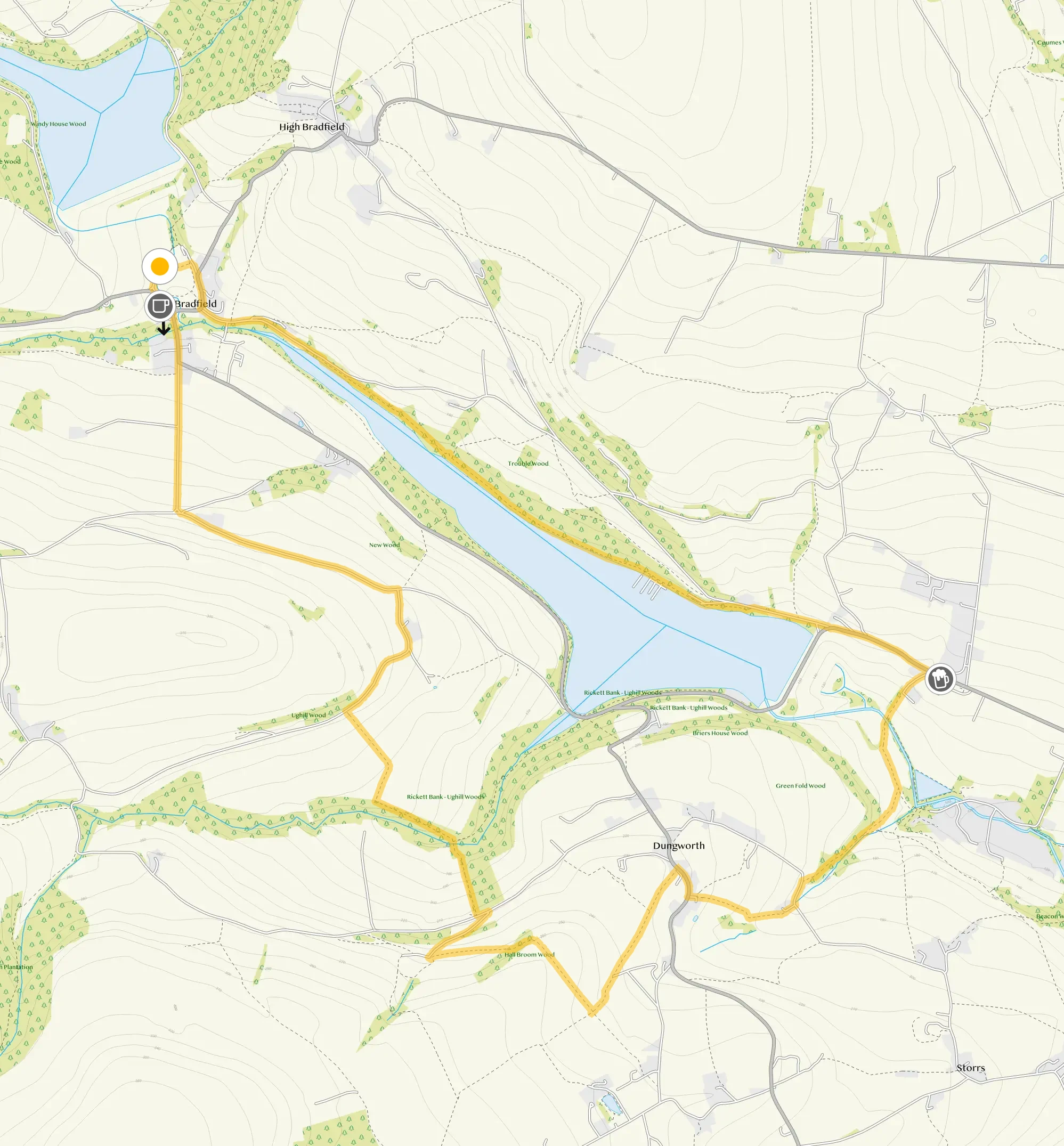 Route map for Low Bradfield Walk 4, a 5.75 mile circular walk in Derbyshire