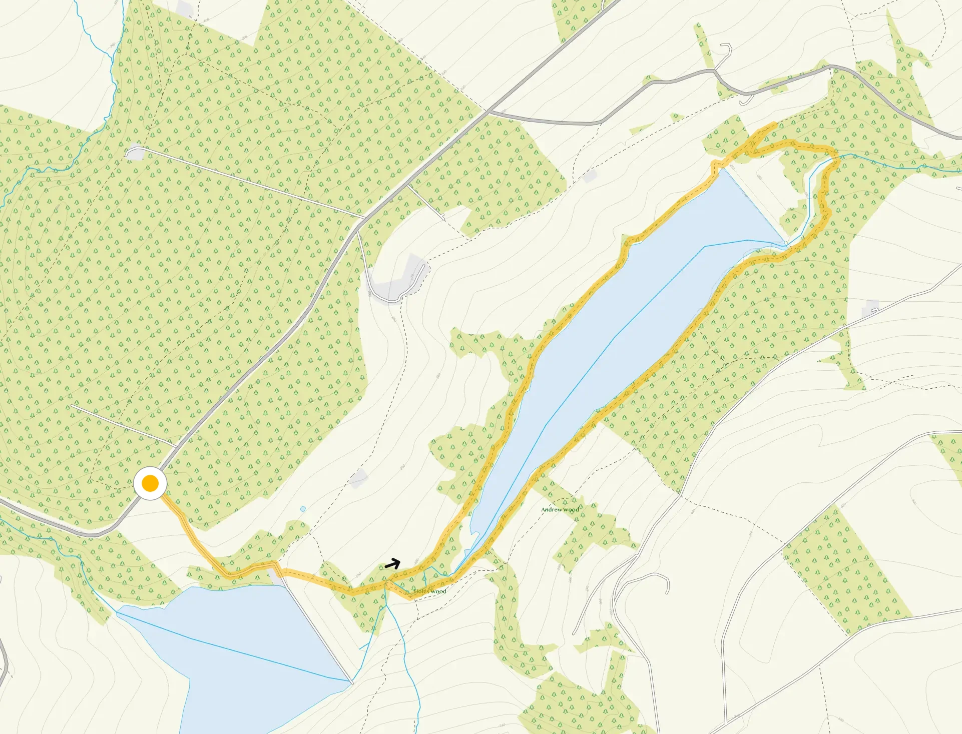 Route map for Dale Dike Reservoir Walk 1, a 3.5 mile circular walk in Derbyshire