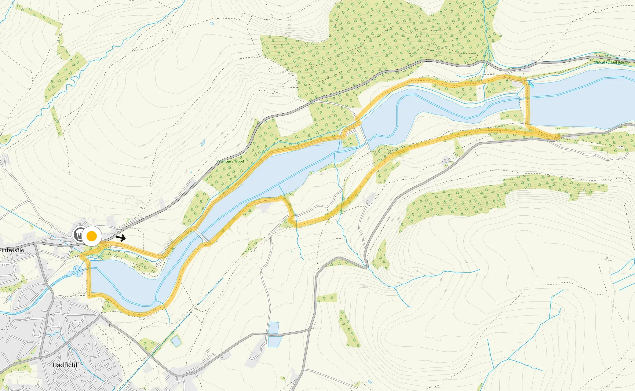 Route map for Tintwistle Walk 1, a 5.5 mile circular walk in Derbyshire