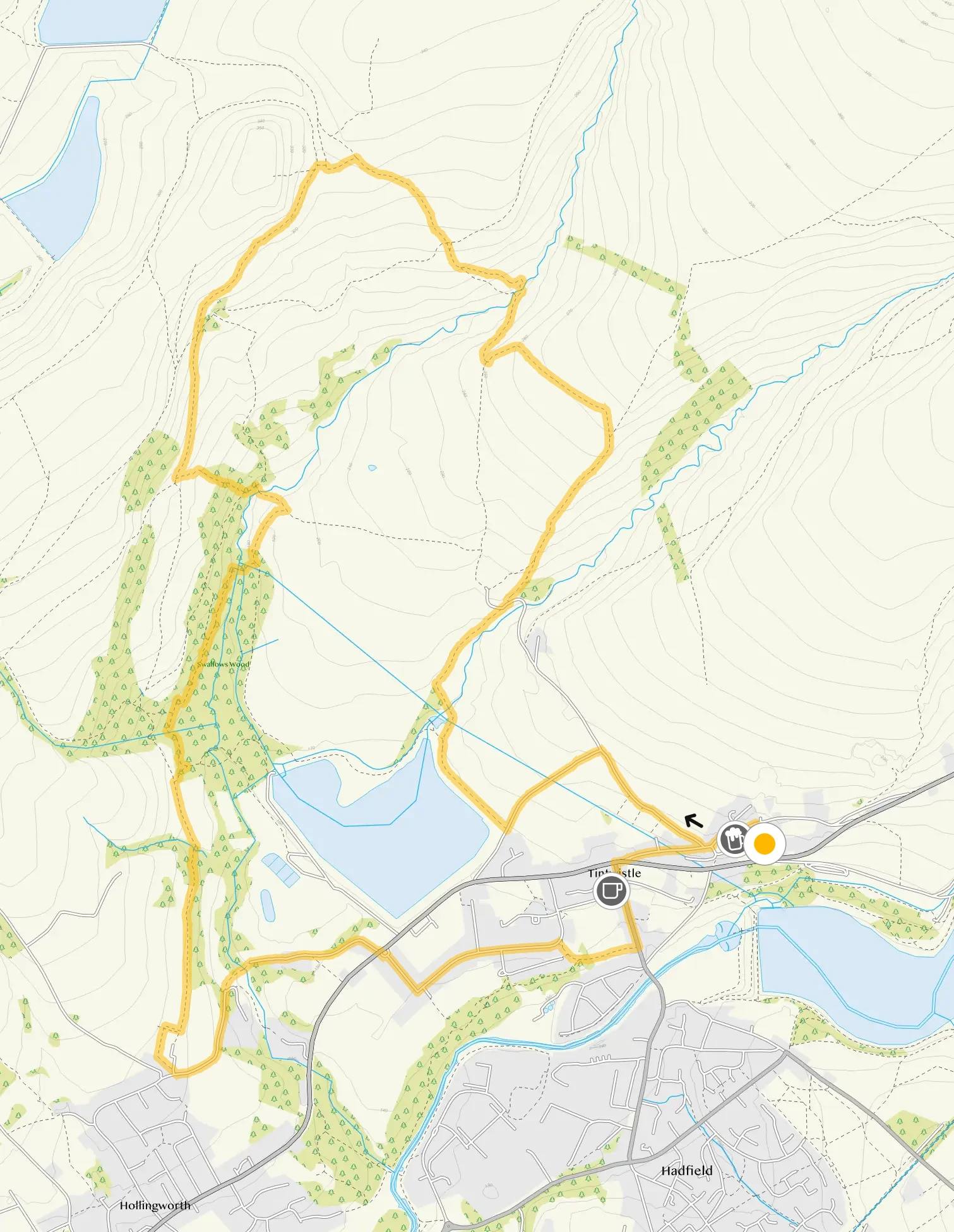 Route map for Tintwistle Walk 2, a 5.75 mile circular walk in Derbyshire