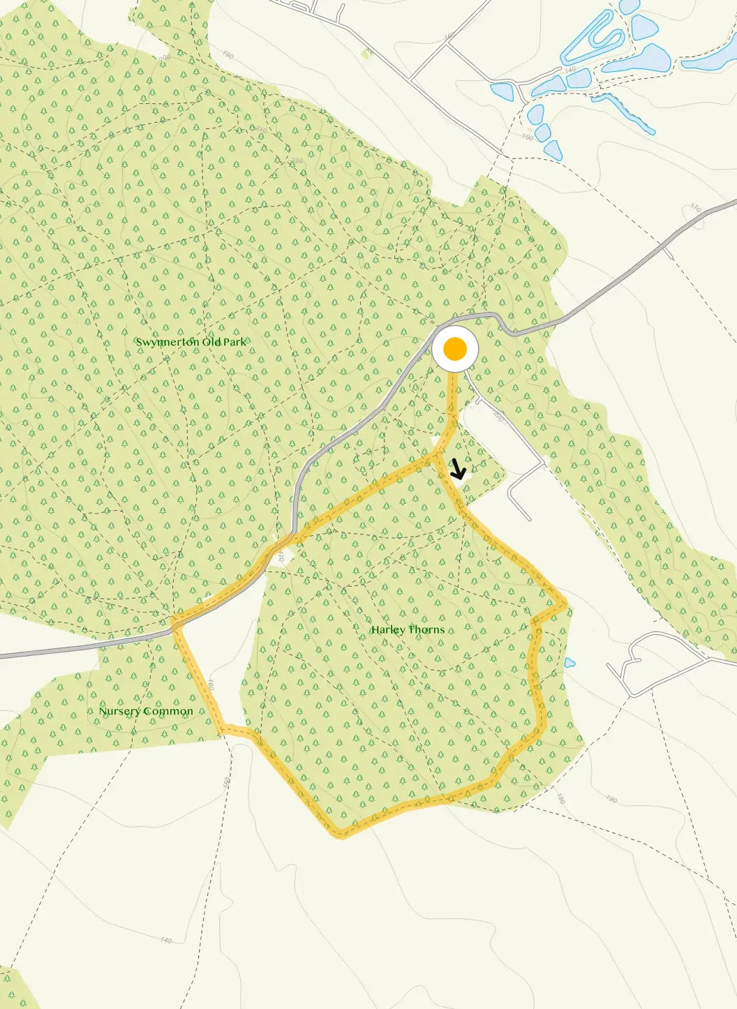Route map for Hanchurch Hills Walk 2, a 2.25 mile circular walk in Staffordshire