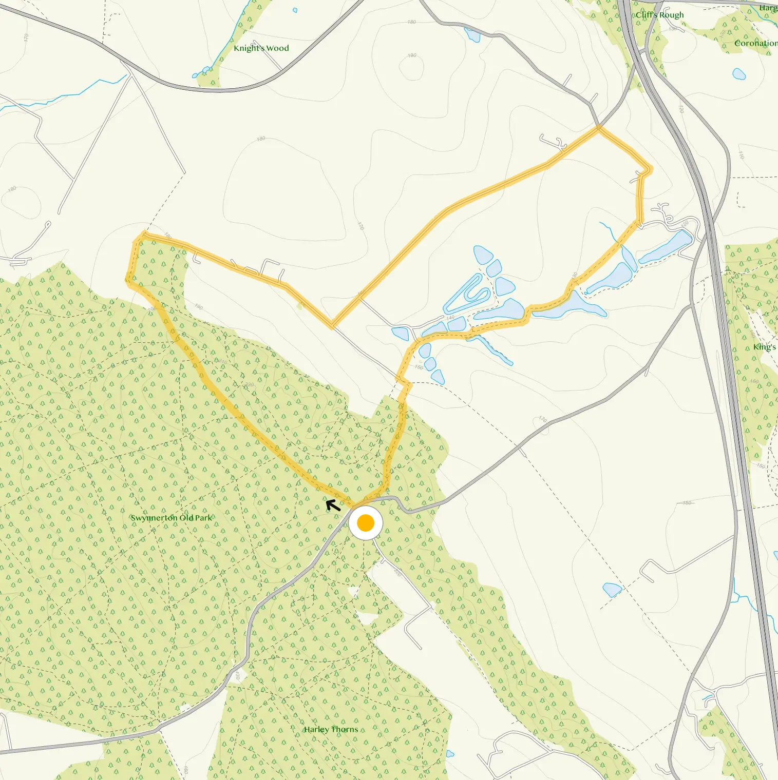 Route map for Hanchurch Hills Walk 3, a 3.5 mile circular walk in Staffordshire