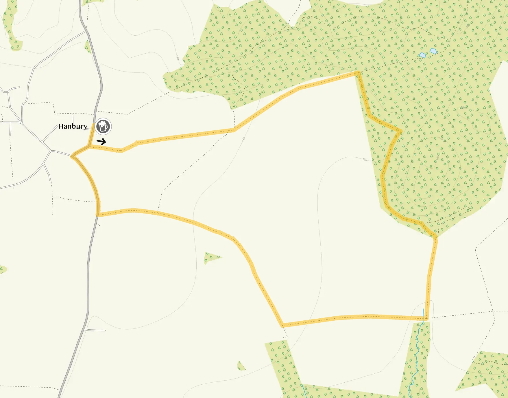Route map for Hanbury Walk, a 1.75 mile circular walk in Staffordshire