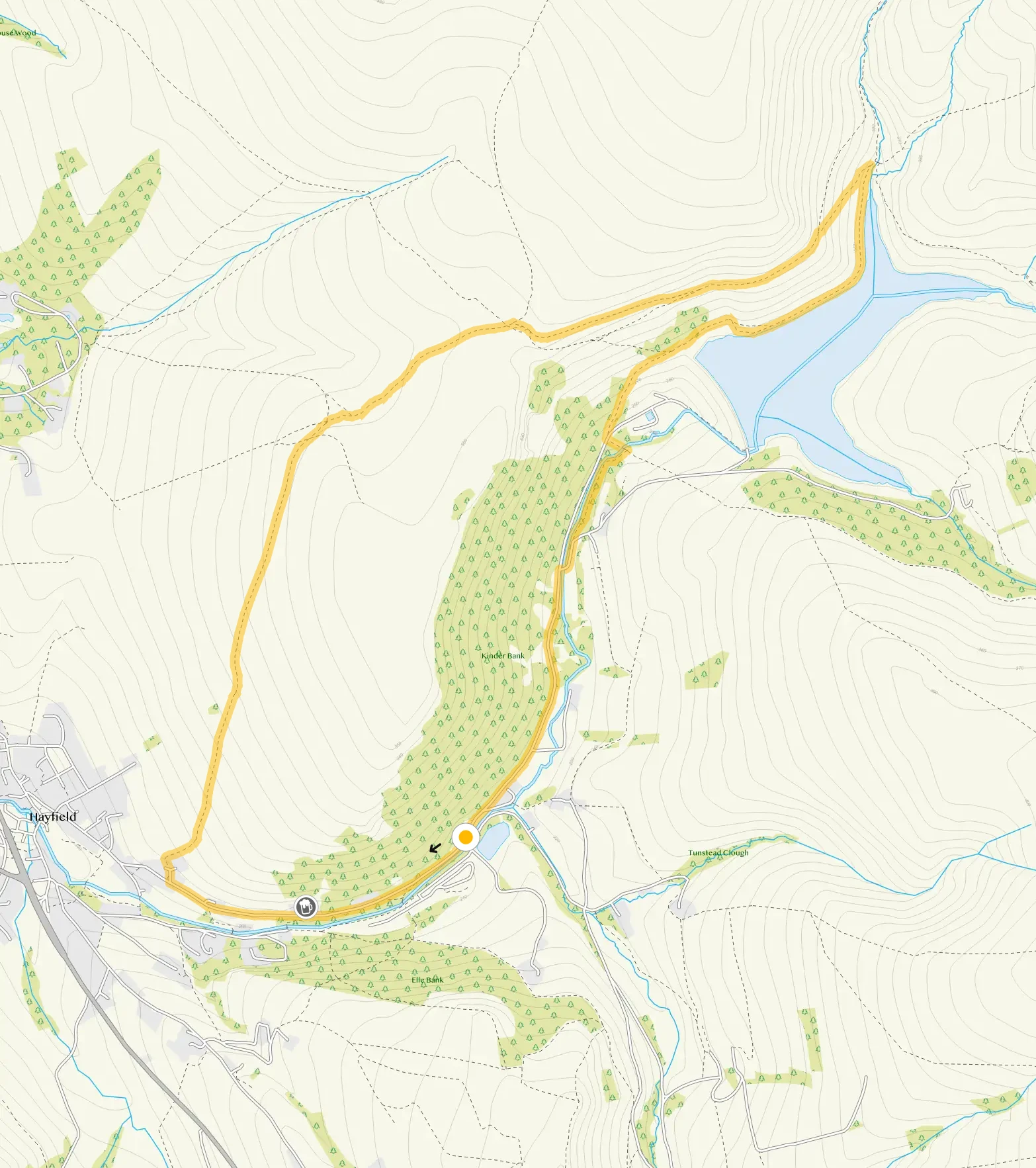 Route map for Kinder Reservoir Snake Pass walk, a 4 mile circular walk in Derbyshire