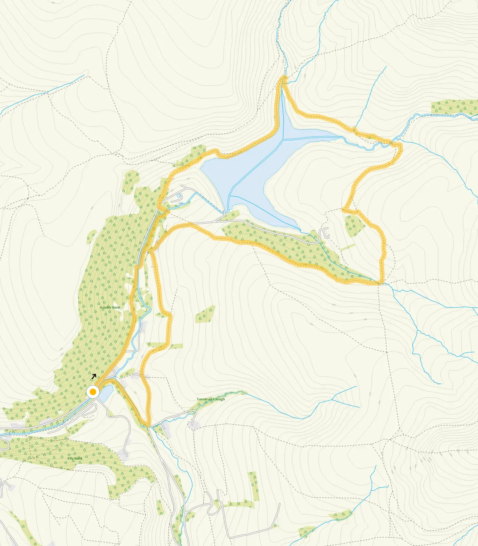 Route map for Kinder Reservoir alternative walk, a 4.75 mile circular walk in Derbyshire